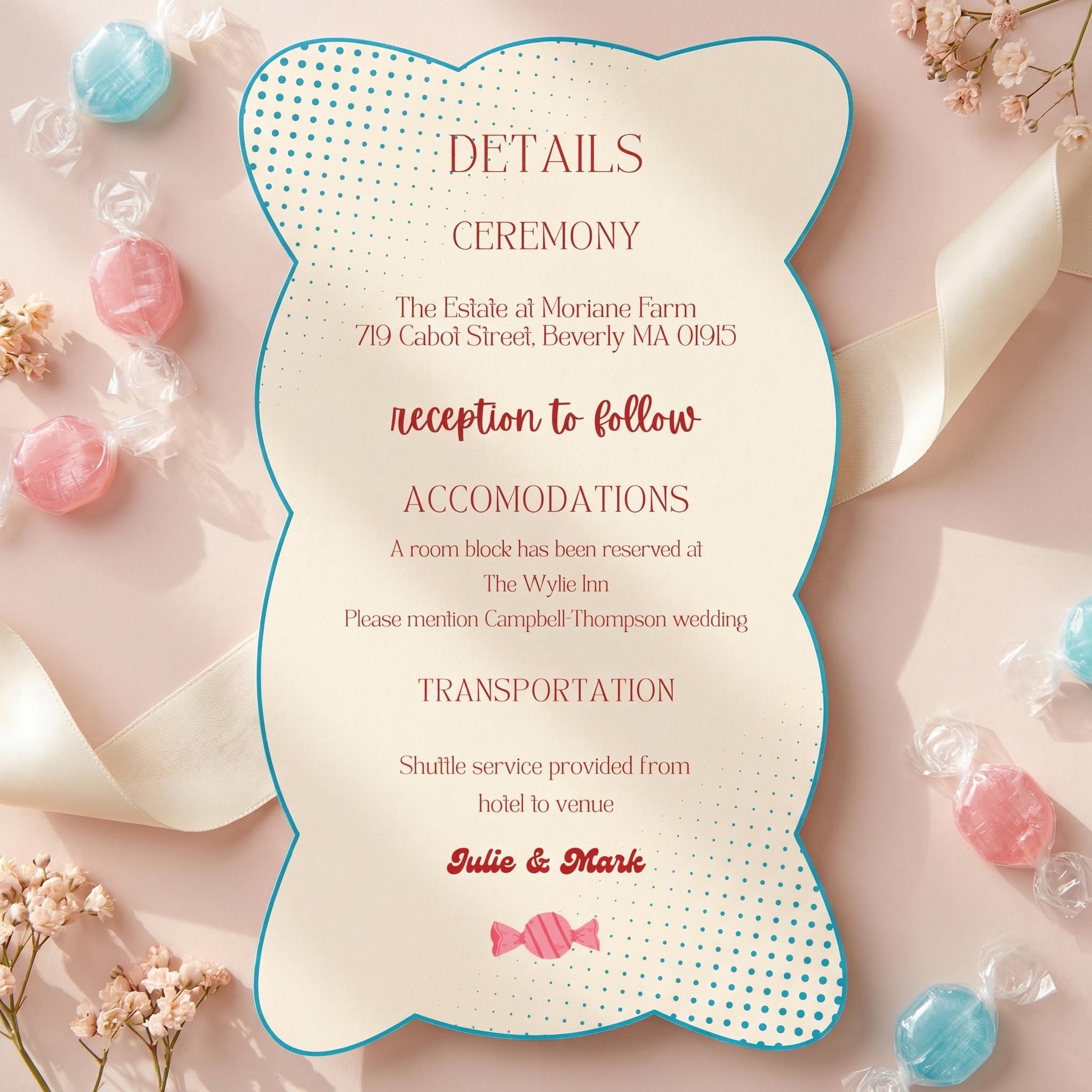 Candy Wedding Invitation, Printed Set, Semi Custom Invites, includes envelopes, calligraphy + stamps optional, view 5