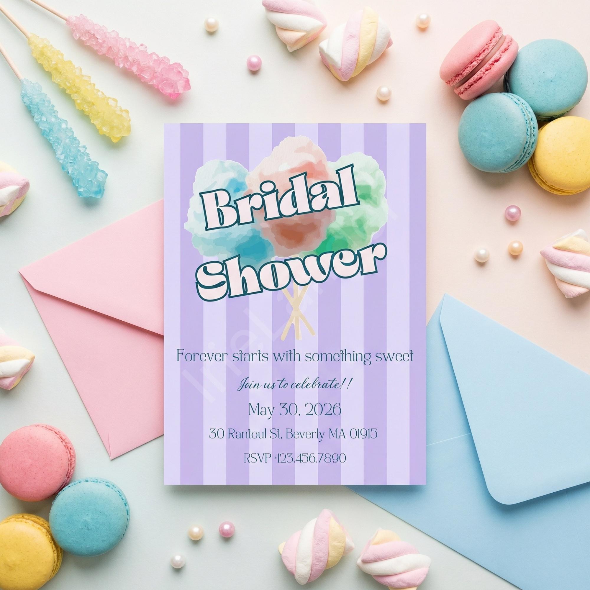 Candy Bridal Shower Invitation, Printed Set, Semi Custom Invites, includes envelopes, calligraphy + stamps optional