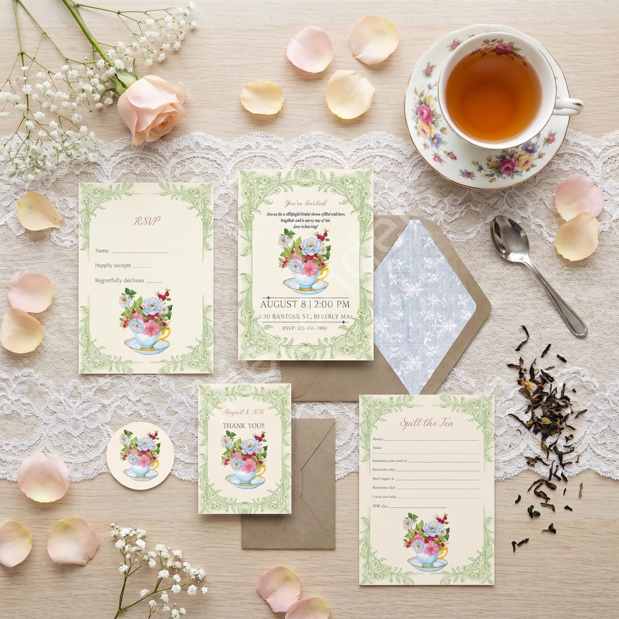 Garden Tea Bridal Shower Invitation: Printed Set, Semi Custom, includes envelopes, calligraphy + stamps optional
