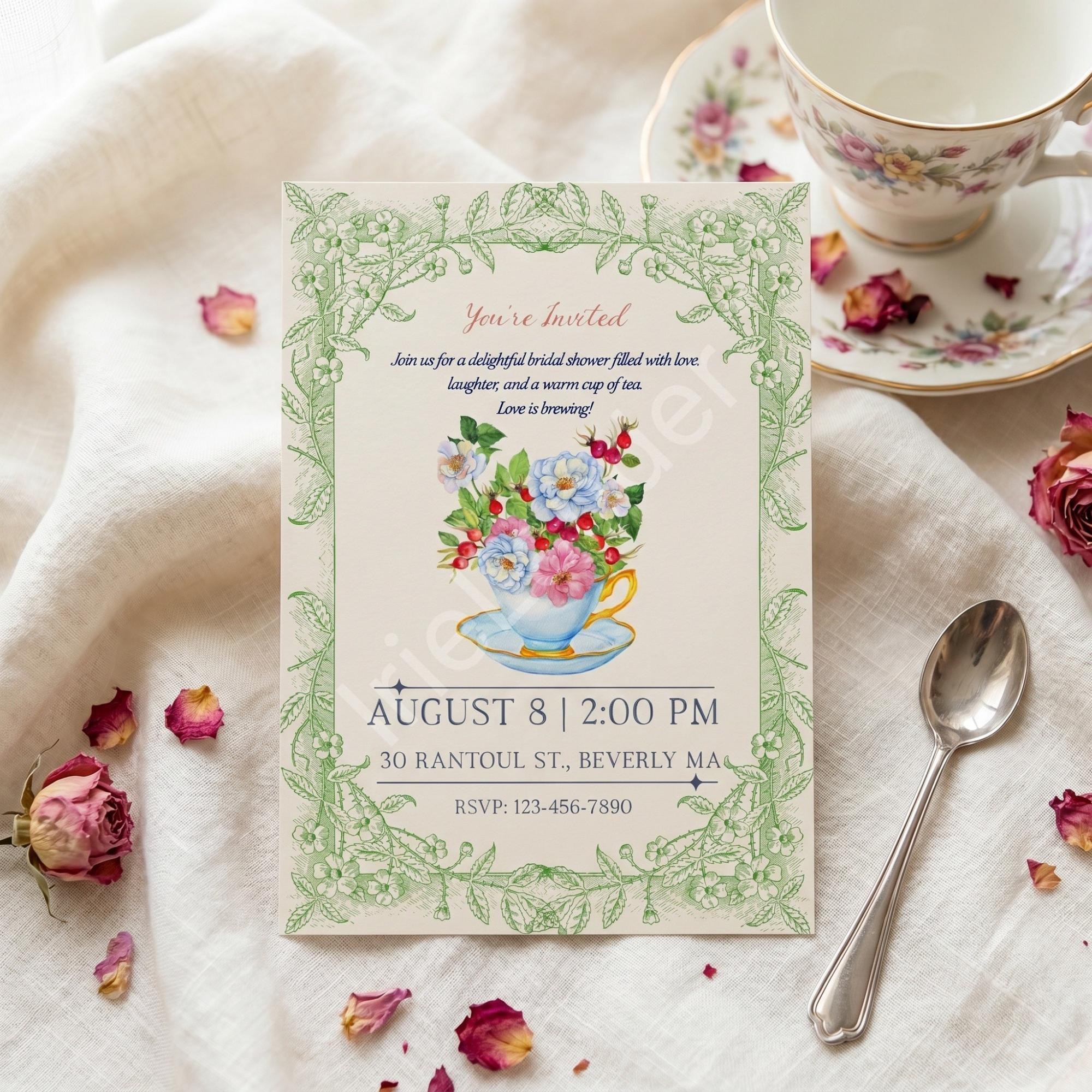 Garden Tea Bridal Shower Invitation: Printed Set, Semi Custom, includes envelopes, calligraphy + stamps optional, view 2