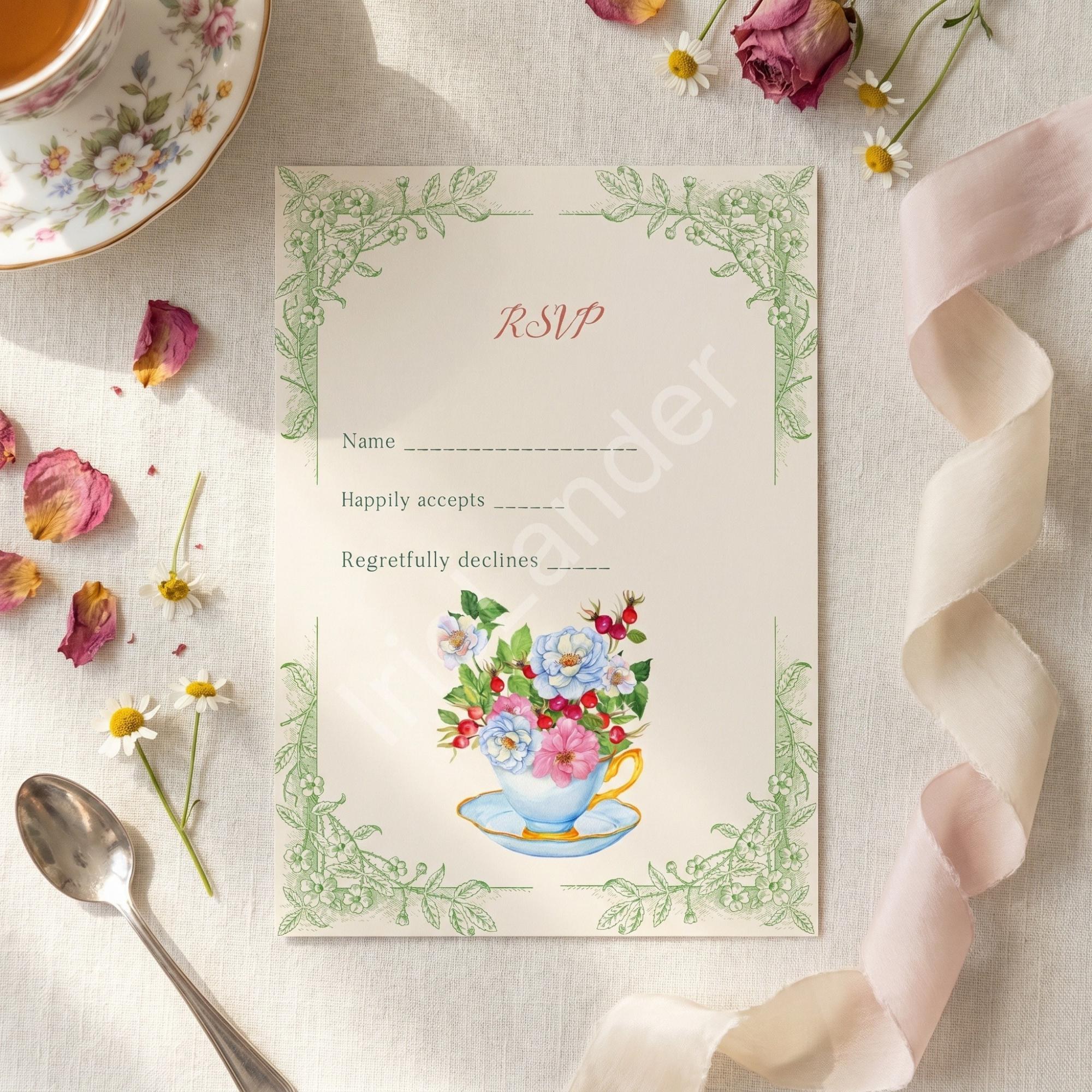 Garden Tea Bridal Shower Invitation: Printed Set, Semi Custom, includes envelopes, calligraphy + stamps optional, view 3