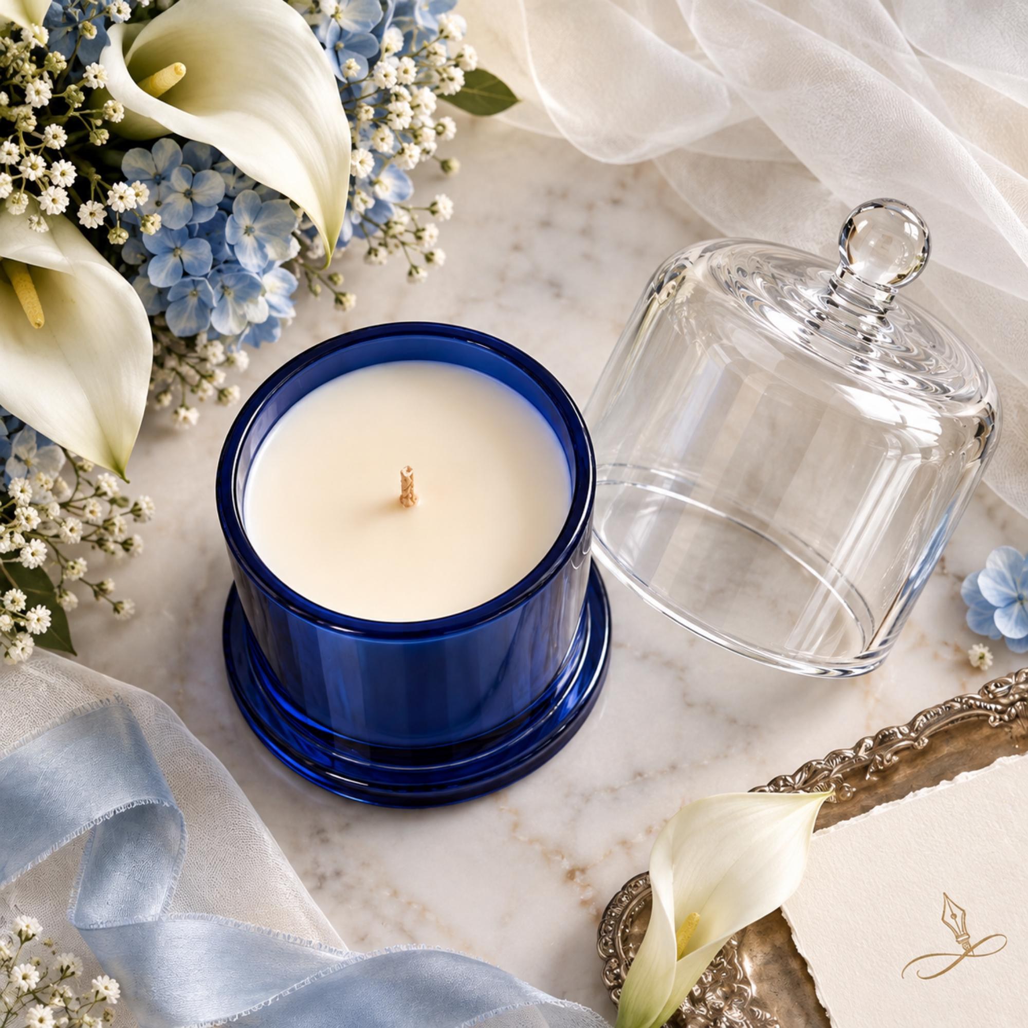 Bride-to-Be Candle, Something Blue, 11.5oz Soy Blend, Hand Poured, Glass Cloche, view 2