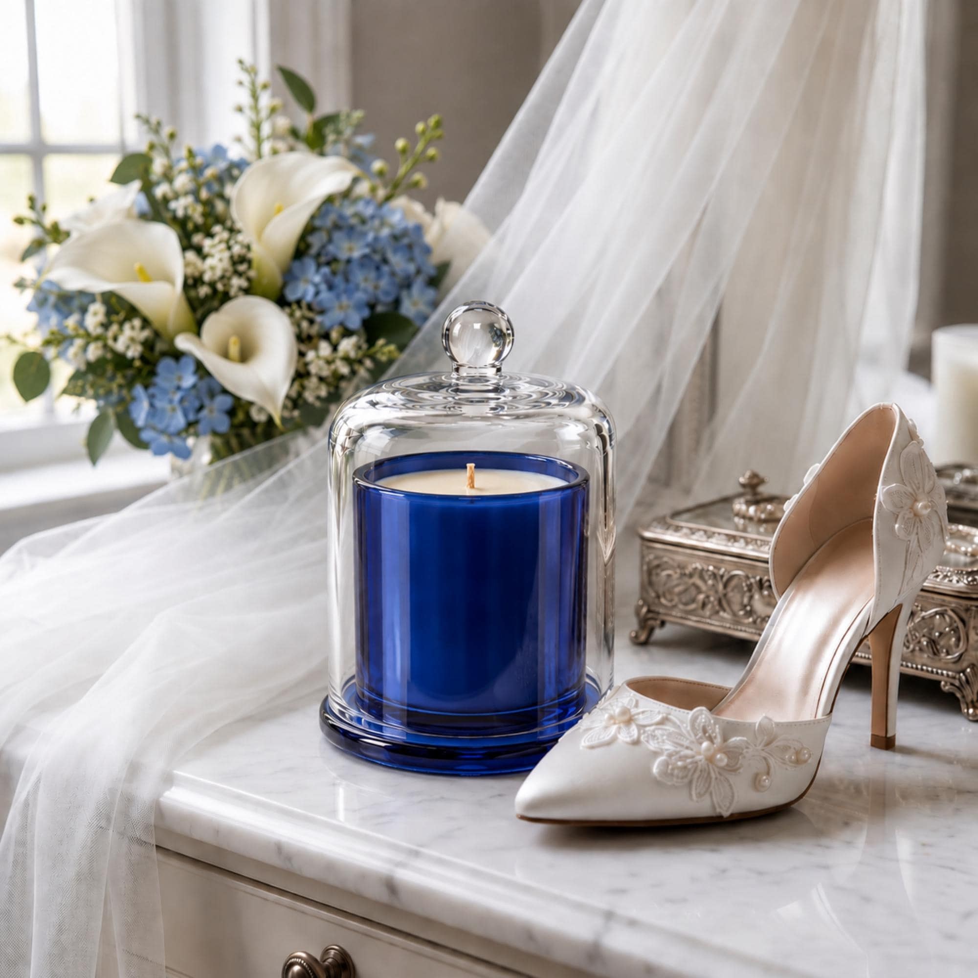 Bride-to-Be Candle, Something Blue, 11.5oz Soy Blend, Hand Poured, Glass Cloche, view 3