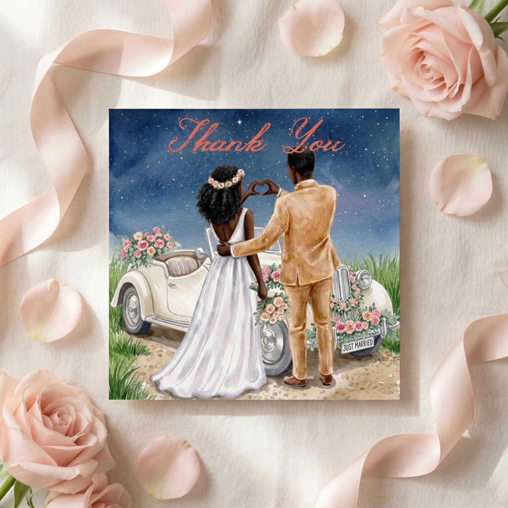 Just Married Thank You Card, Printed Set, includes envelopes + label sticker, calligraphy + stamps optional