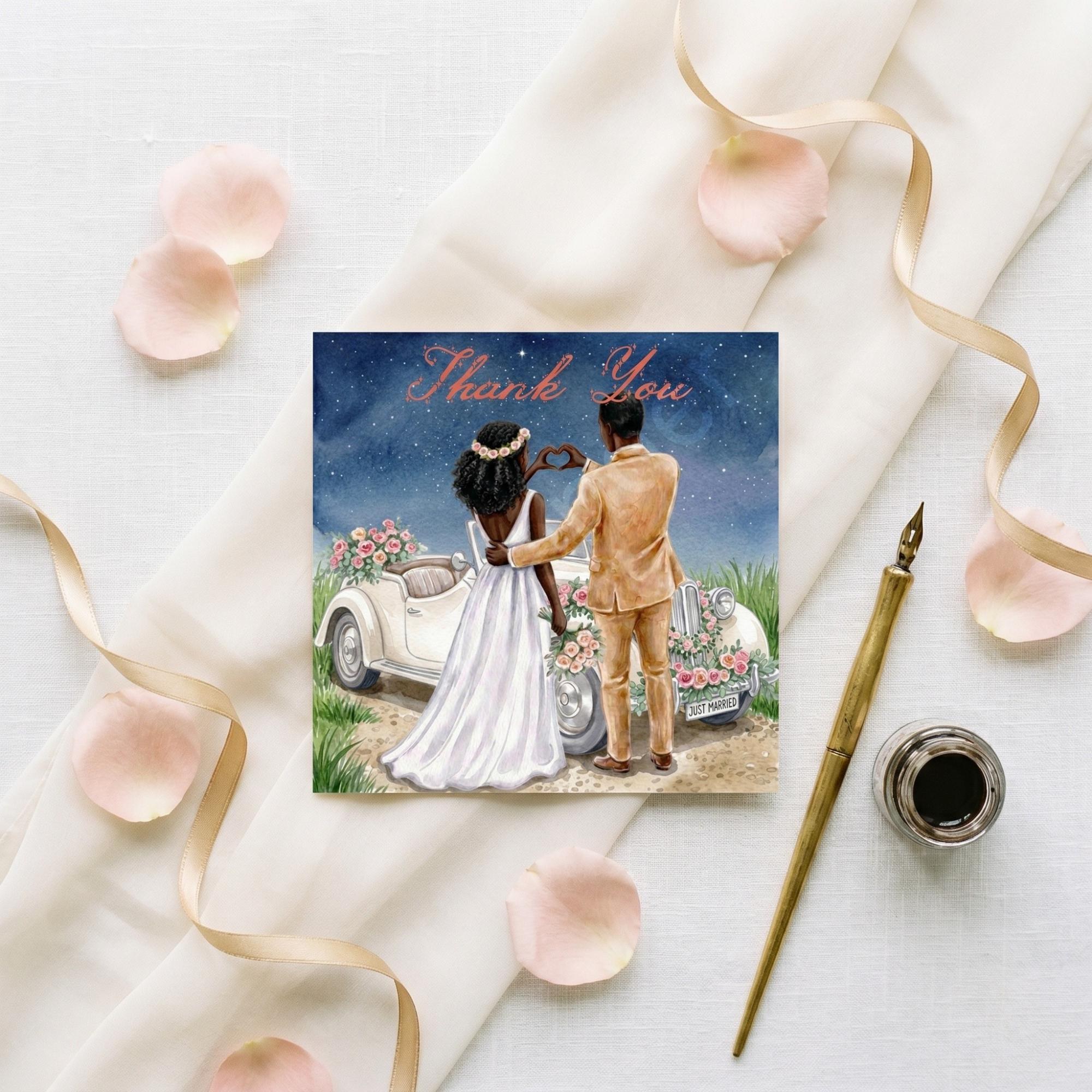 Just Married Thank You Card, Printed Set, includes envelopes + label sticker, calligraphy + stamps optional, view 2
