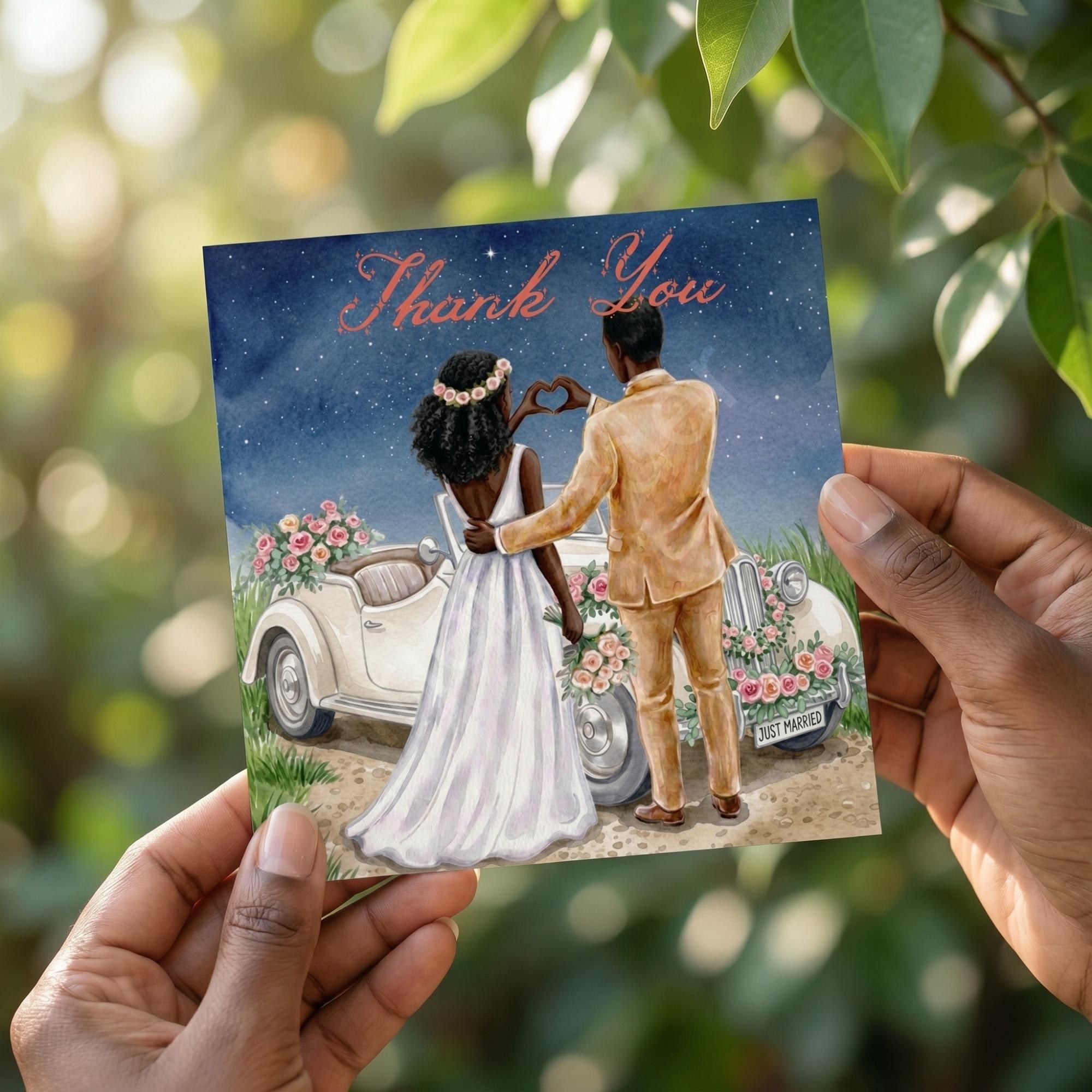 Just Married Thank You Card, Printed Set, includes envelopes + label sticker, calligraphy + stamps optional, view 4