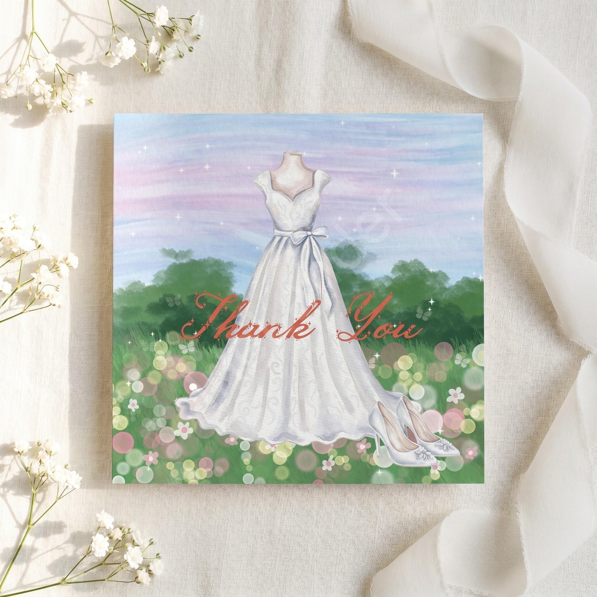 Bridal Gown Thank You Card, Printed Set, includes envelopes + label sticker, calligraphy + stamps optional
