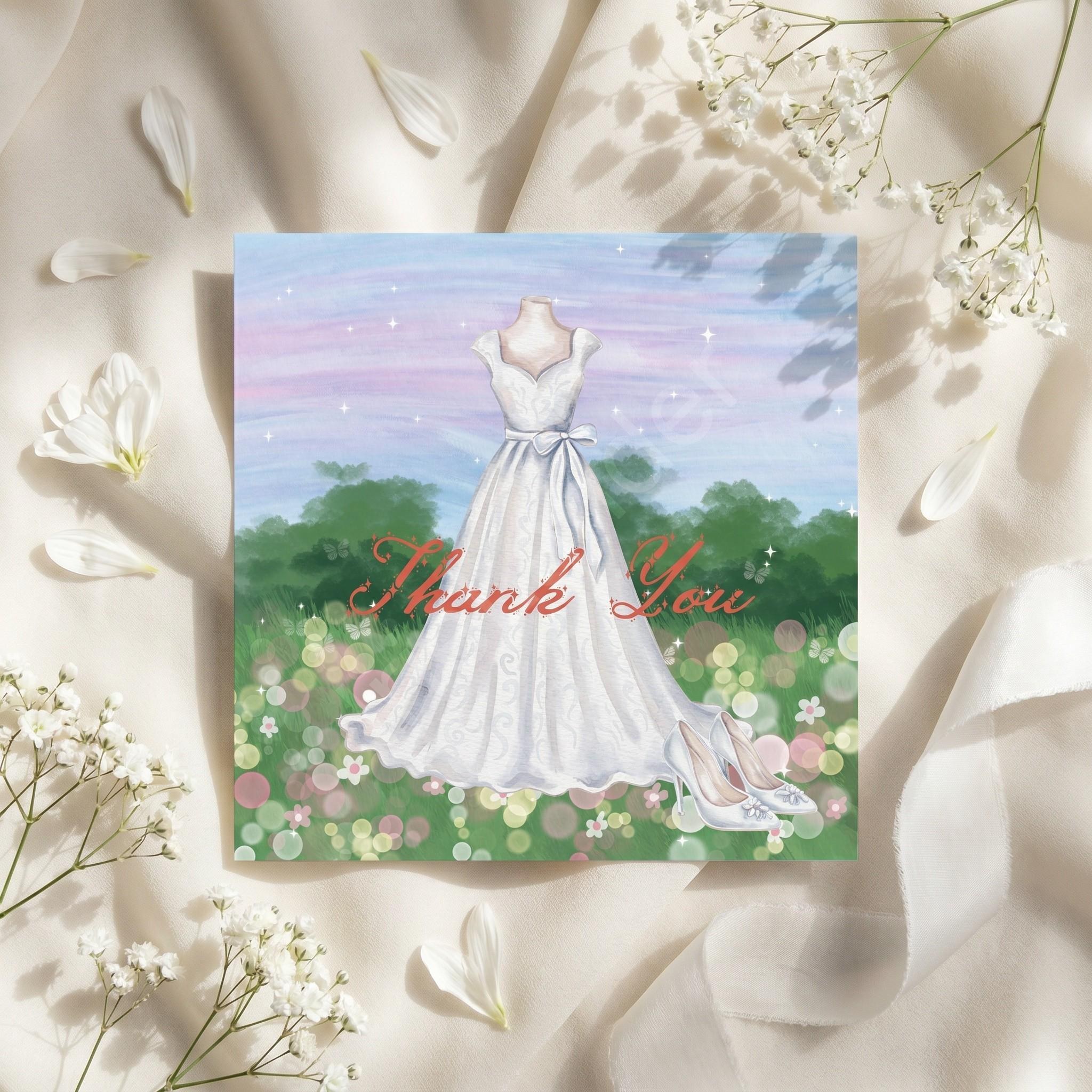 Bridal Gown Thank You Card, Printed Set, includes envelopes + label sticker, calligraphy + stamps optional, view 4
