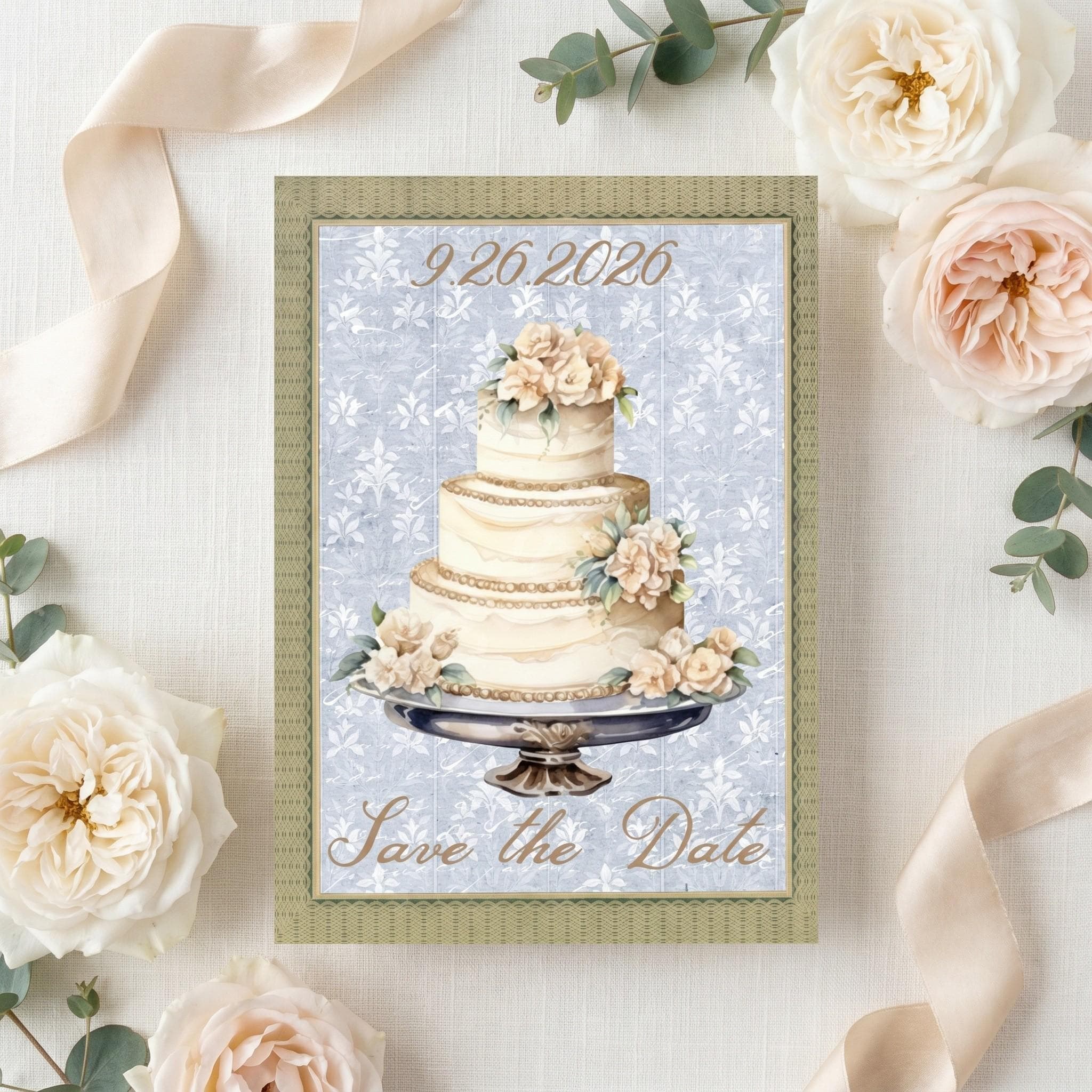Floral Cake Save the Date Card, Printed Set, includes envelopes + label sticker, calligraphy + stamps optional