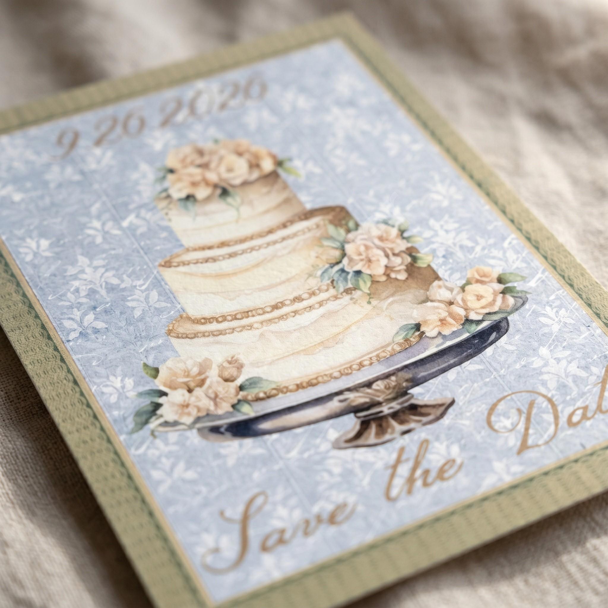 Floral Cake Save the Date Card, Printed Set, includes envelopes + label sticker, calligraphy + stamps optional, view 2