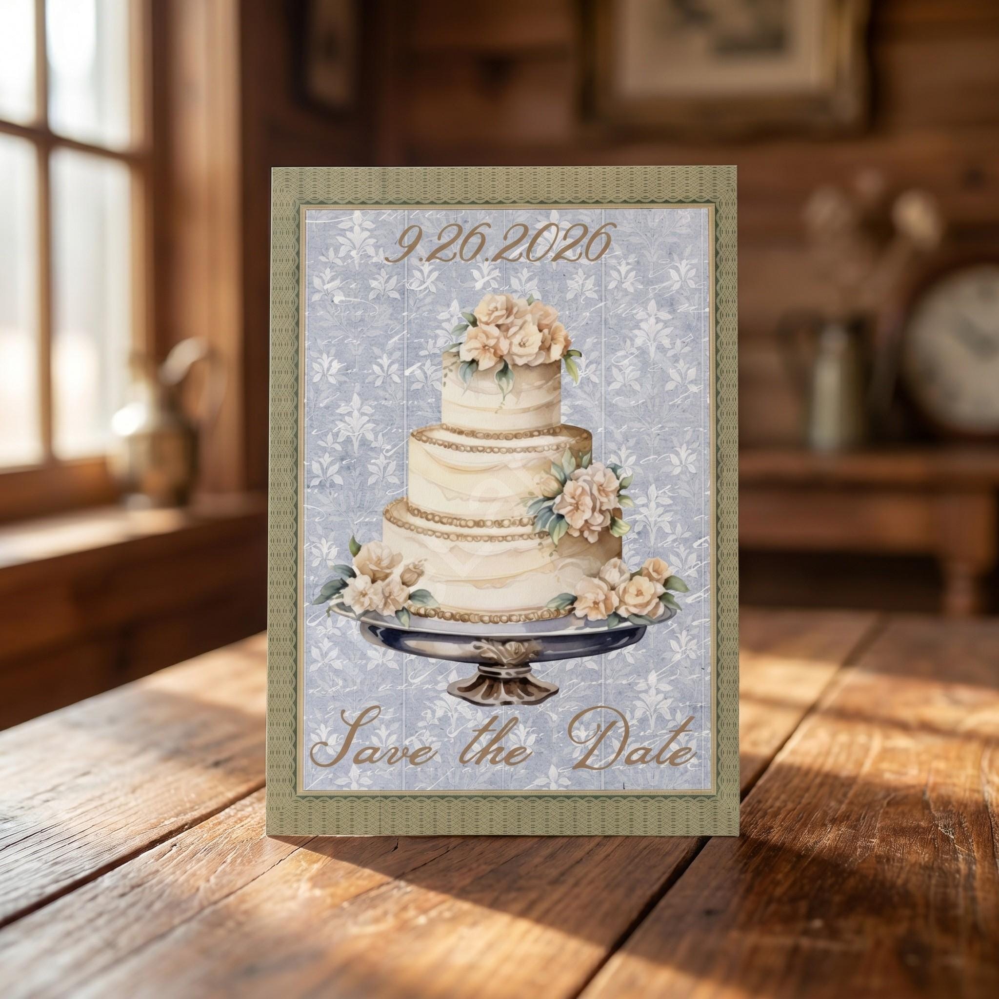 Floral Cake Save the Date Card, Printed Set, includes envelopes + label sticker, calligraphy + stamps optional, view 3