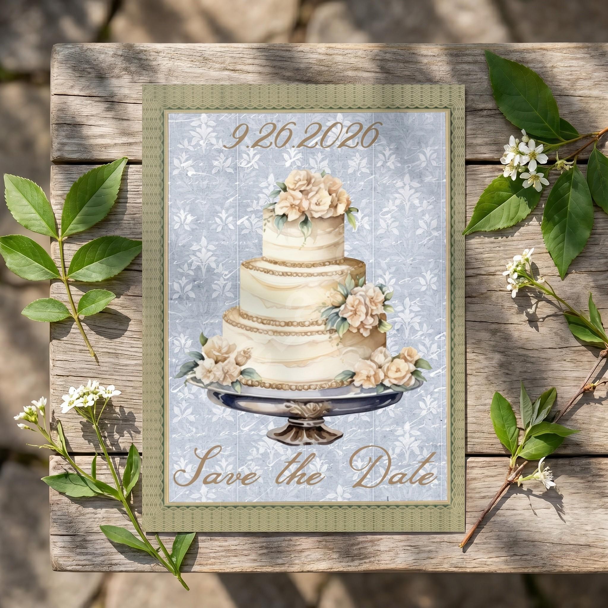 Floral Cake Save the Date Card, Printed Set, includes envelopes + label sticker, calligraphy + stamps optional, view 4