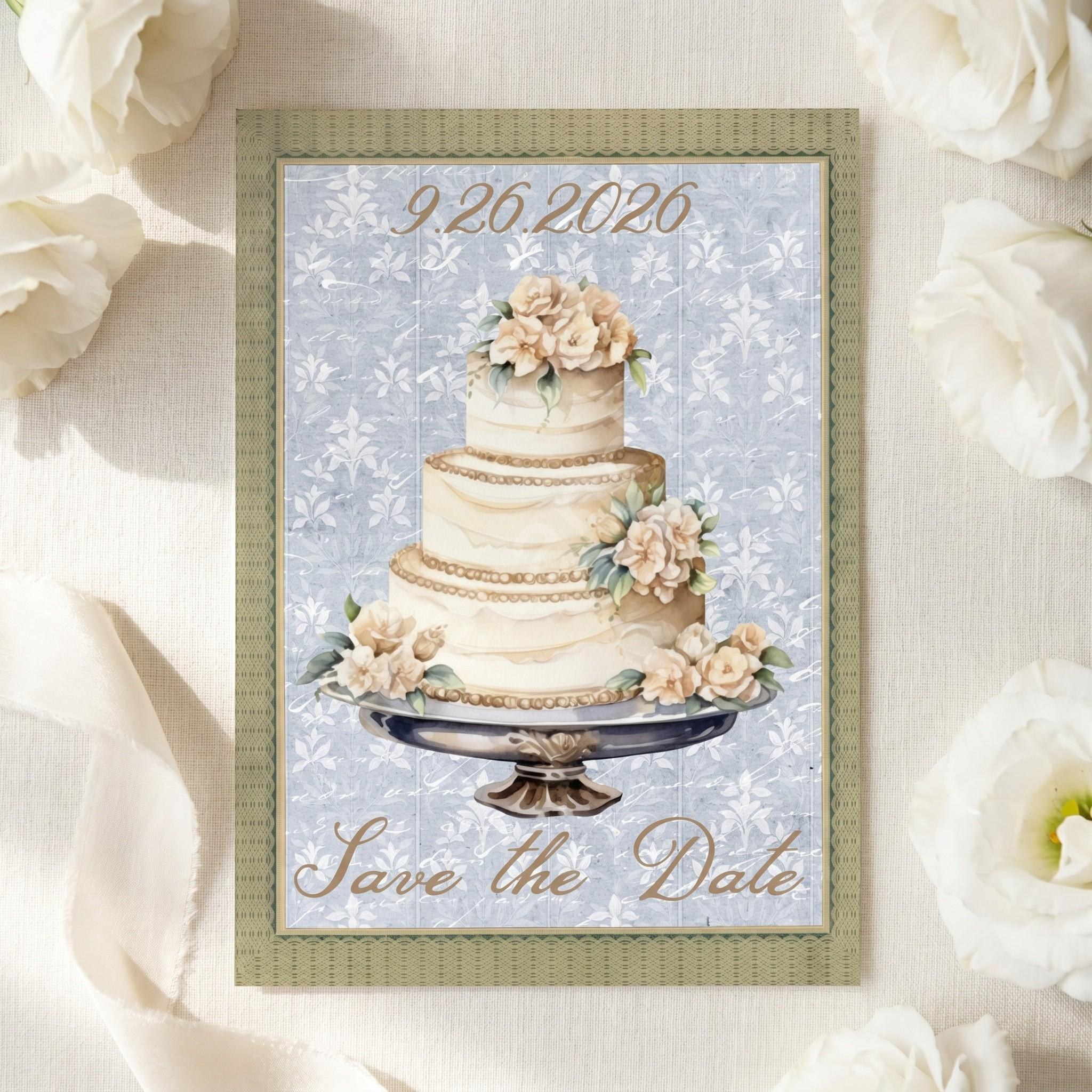 Floral Cake Save the Date Card, Printed Set, includes envelopes + label sticker, calligraphy + stamps optional, view 5
