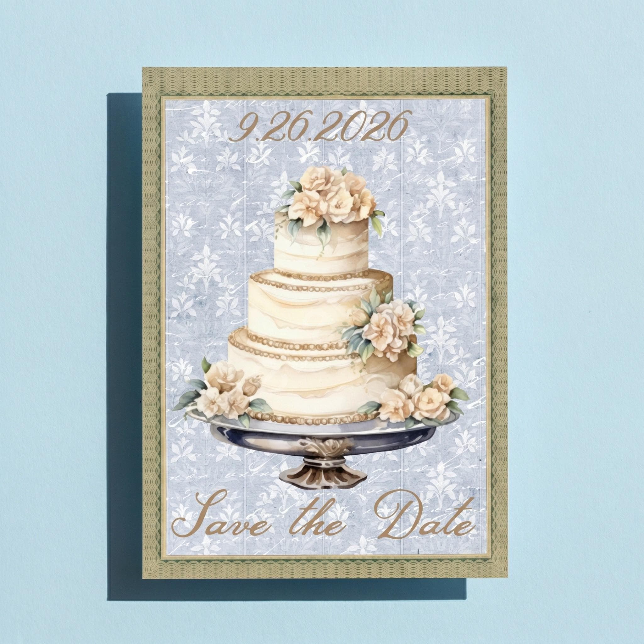 Floral Cake Save the Date Card, Printed Set, includes envelopes + label sticker, calligraphy + stamps optional, view 6