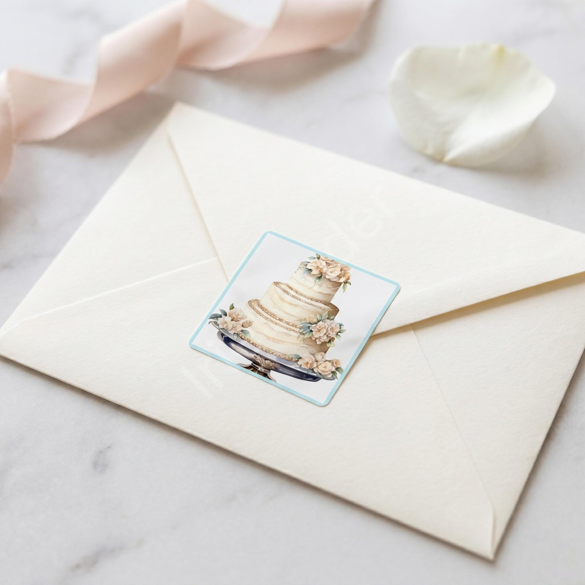 Floral Cake Save the Date Card, Printed Set, includes envelopes + label sticker, calligraphy + stamps optional, view 7