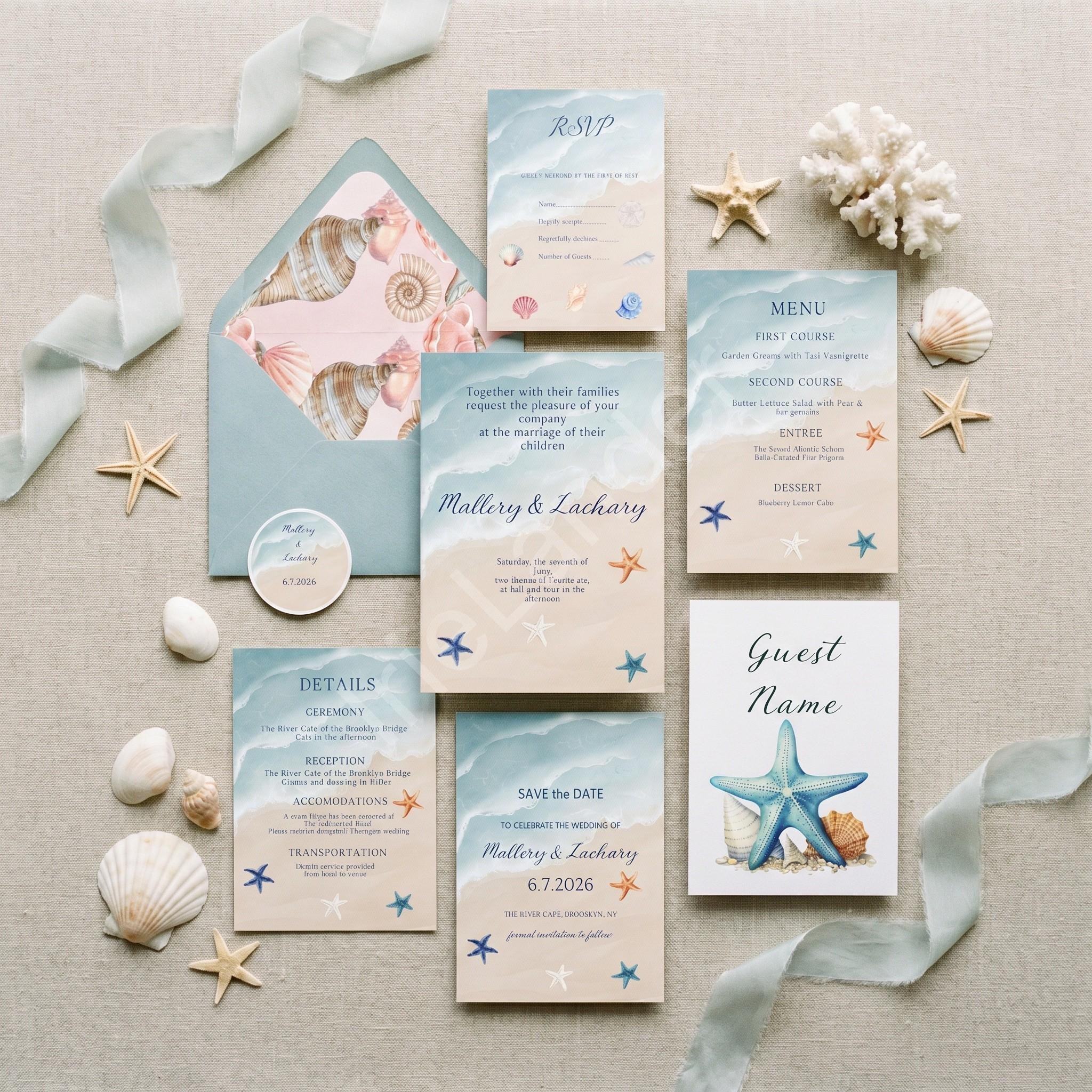 Beach Wedding Invitation, Printed Set, Semi Custom Invites, includes envelopes, calligraphy + stamps optional