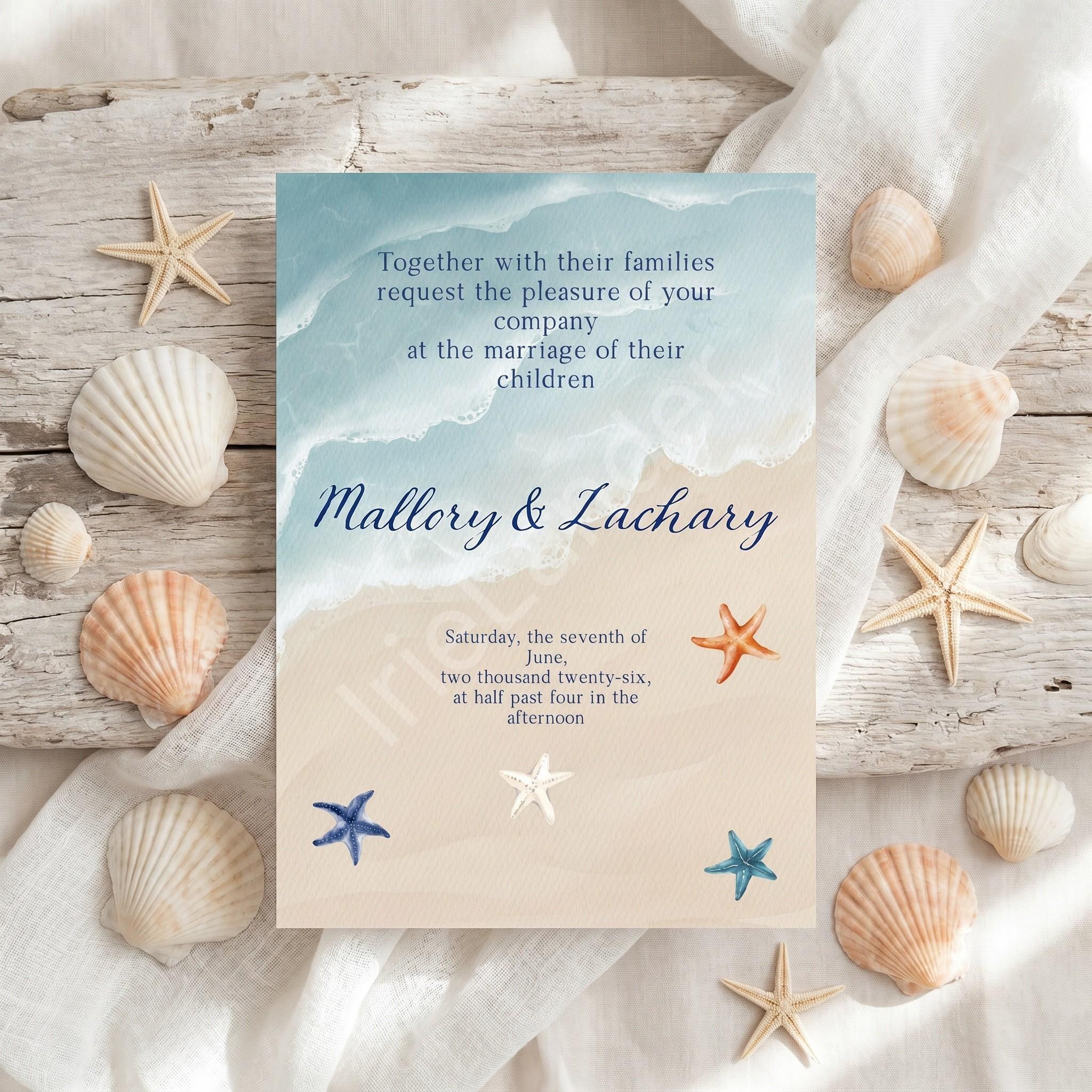 Beach Wedding Invitation, Printed Set, Semi Custom Invites, includes envelopes, calligraphy + stamps optional, view 3