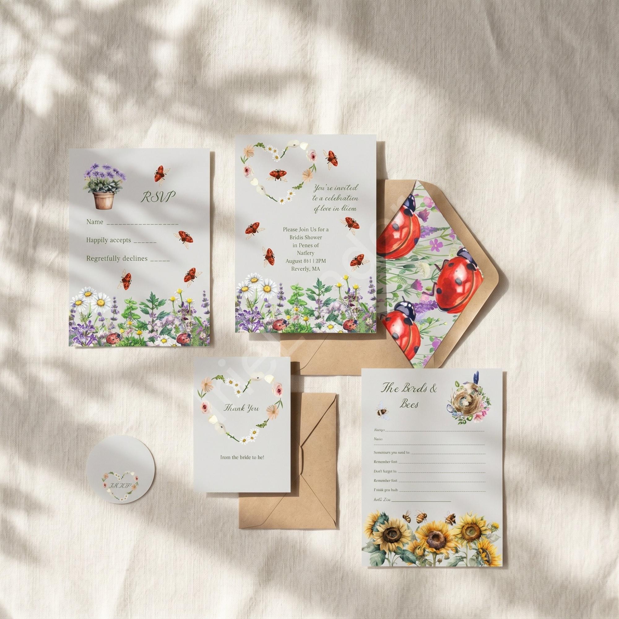 Ladybug Garden Bridal Shower Invitation Printed Set: Semi Custom, calligraphy + stamps optional
