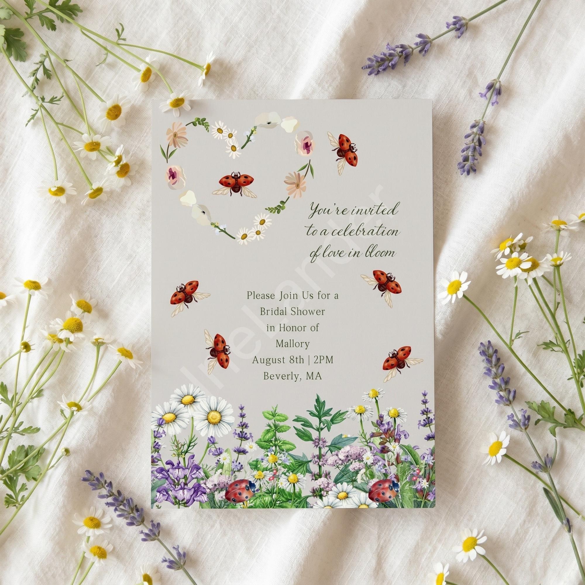 Ladybug Garden Bridal Shower Invitation Printed Set: Semi Custom, calligraphy + stamps optional, view 2