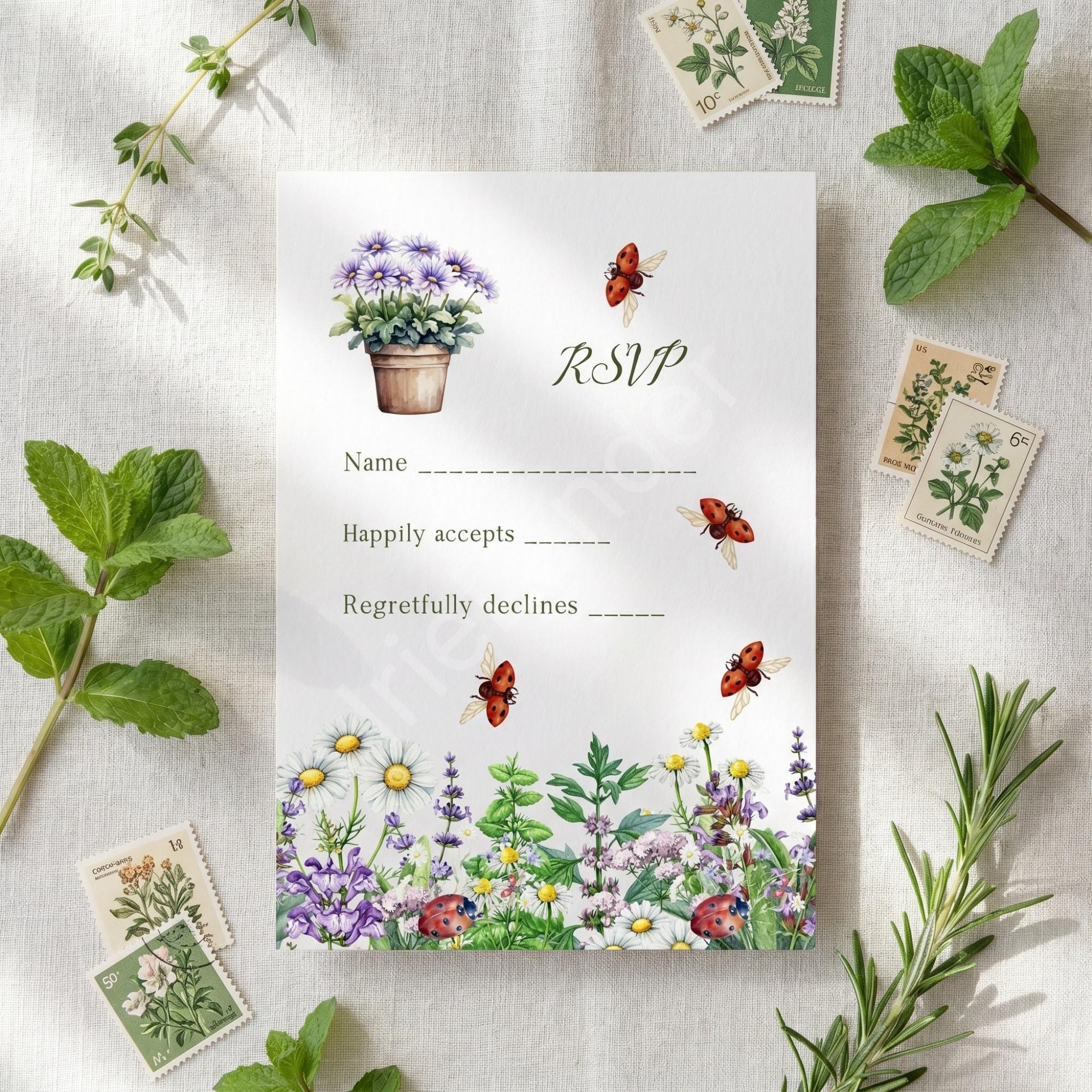 Ladybug Garden Bridal Shower Invitation Printed Set: Semi Custom, calligraphy + stamps optional, view 3