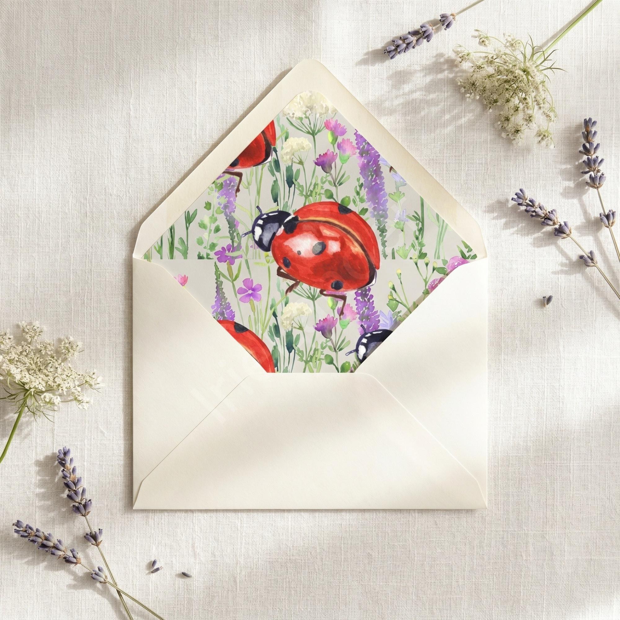Ladybug Garden Bridal Shower Invitation Printed Set: Semi Custom, calligraphy + stamps optional, view 6