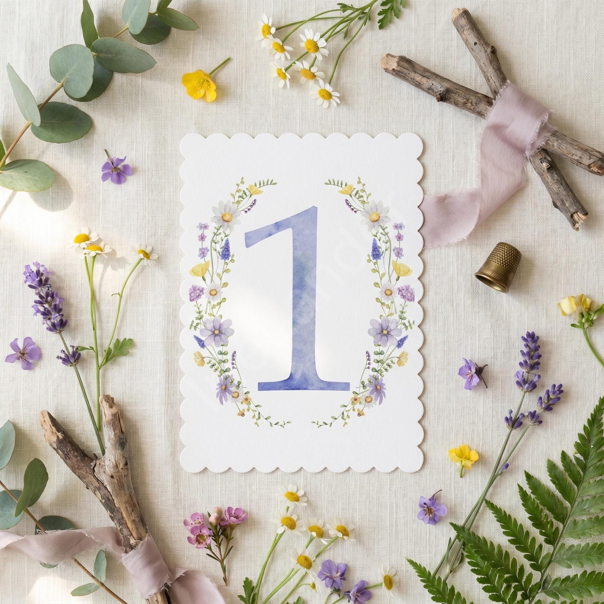 Blue Watercolor Floral Table Number: PRINTED set, scalloped edges, lavender wildflower design, rustic garden, view 2