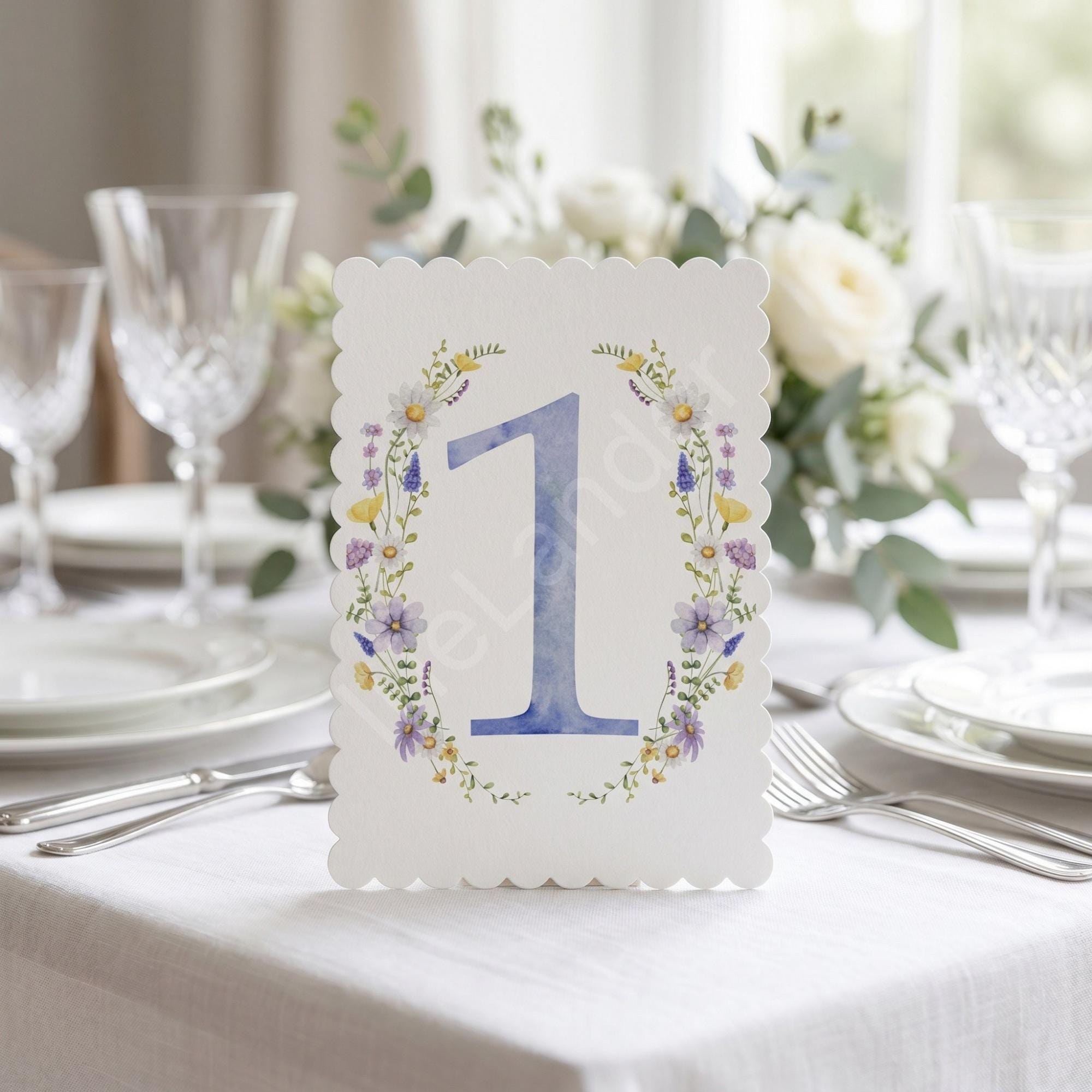 Blue Watercolor Floral Table Number: PRINTED set, scalloped edges, lavender wildflower design, rustic garden, view 3