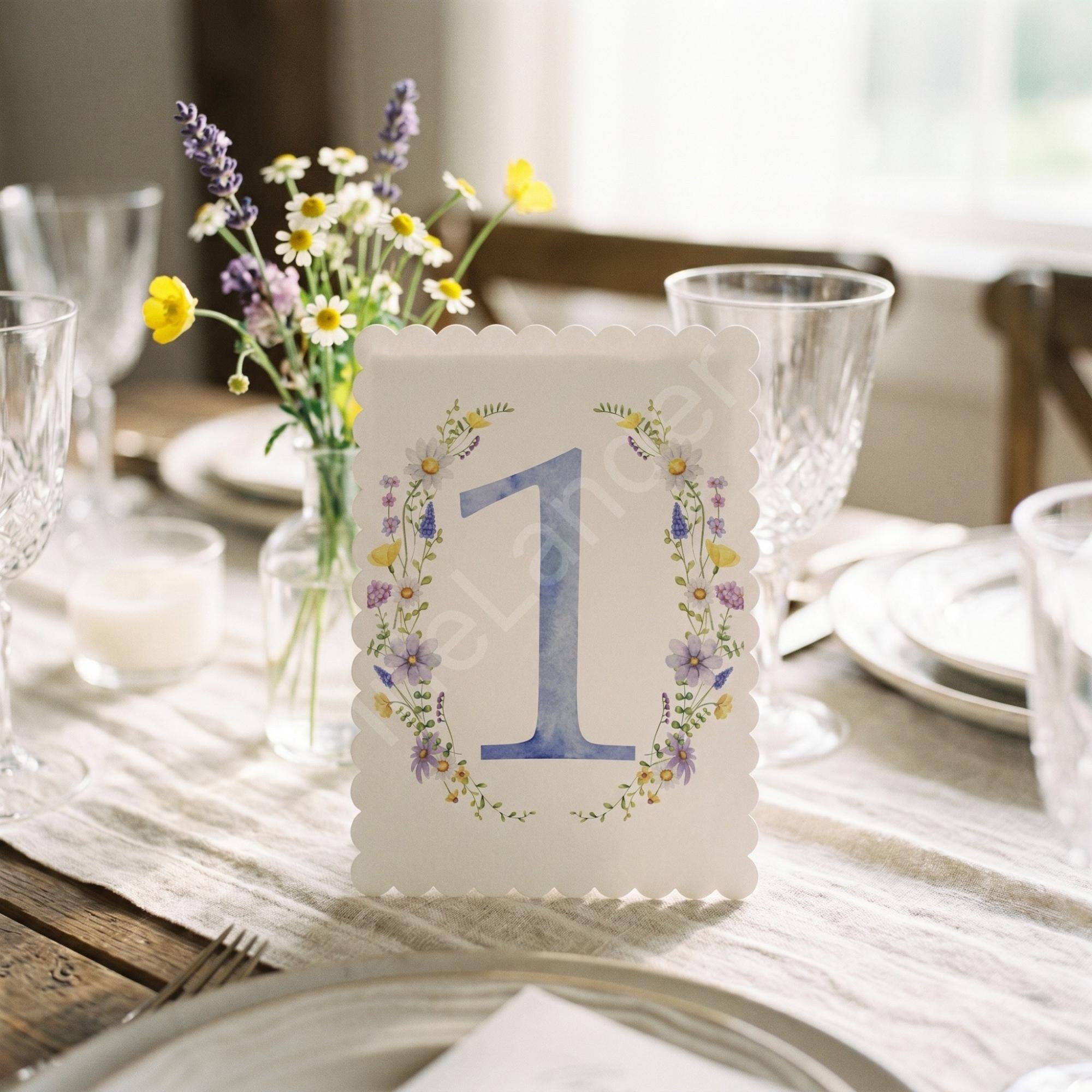 Blue Watercolor Floral Table Number: PRINTED set, scalloped edges, lavender wildflower design, rustic garden, view 4