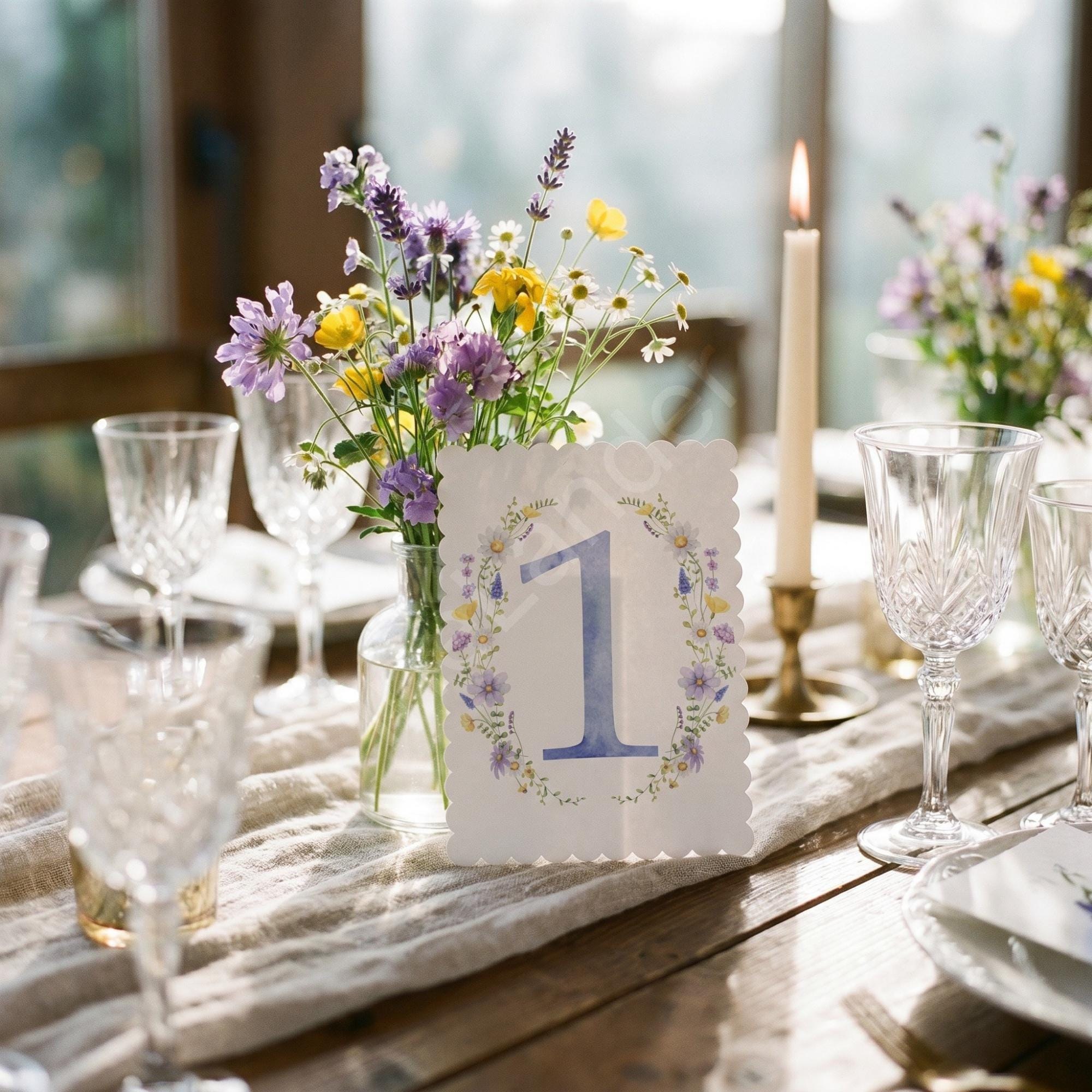 Blue Watercolor Floral Table Number: PRINTED set, scalloped edges, lavender wildflower design, rustic garden, view 5
