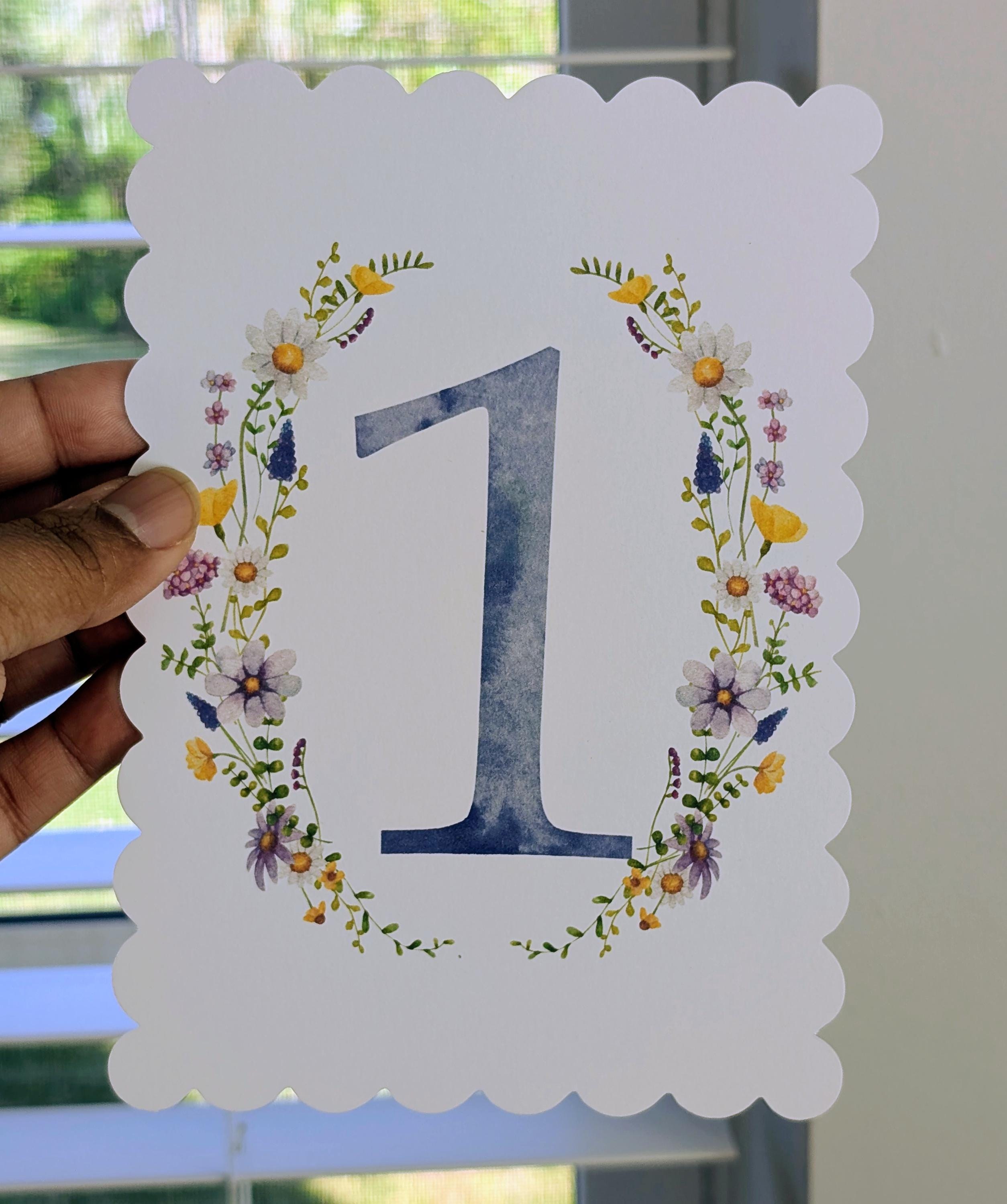 Blue Watercolor Floral Table Number: PRINTED set, scalloped edges, lavender wildflower design, rustic garden, view 6