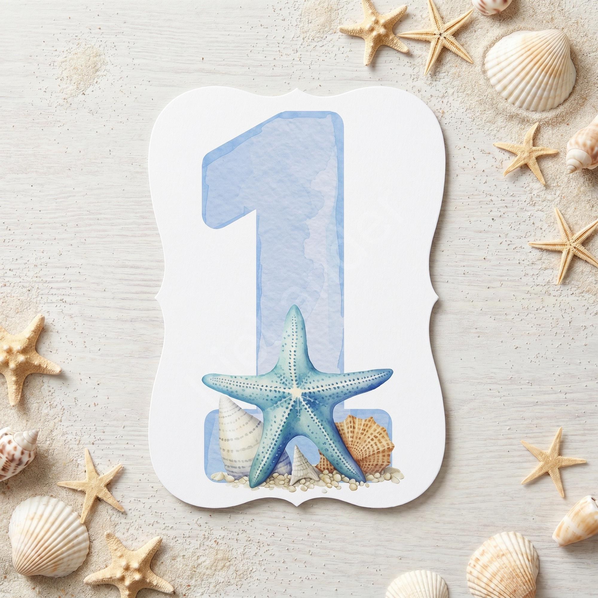 Blue Watercolor Beach Table Number: PRINTED set, die cut, coastal wedding decor, Starfish + Seashells