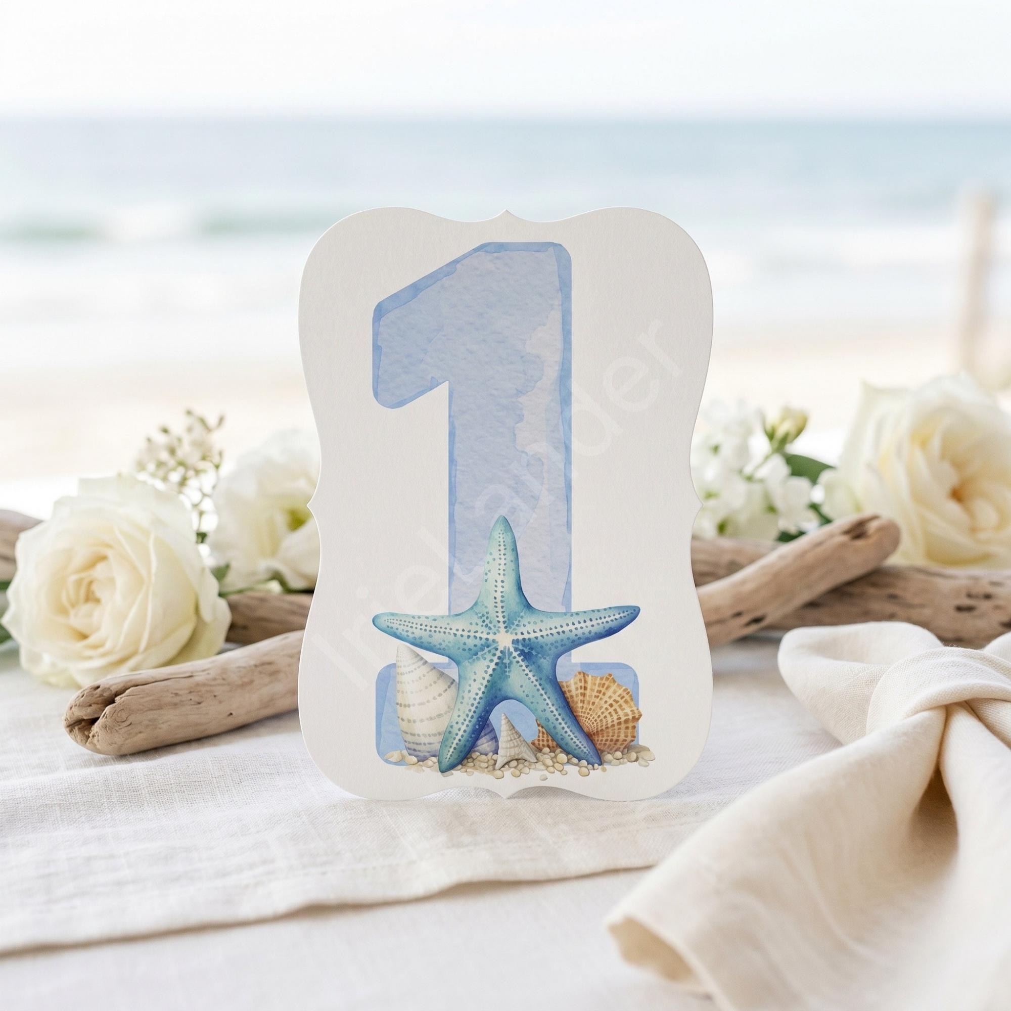 Blue Watercolor Beach Table Number: PRINTED set, die cut, coastal wedding decor, Starfish + Seashells, view 2