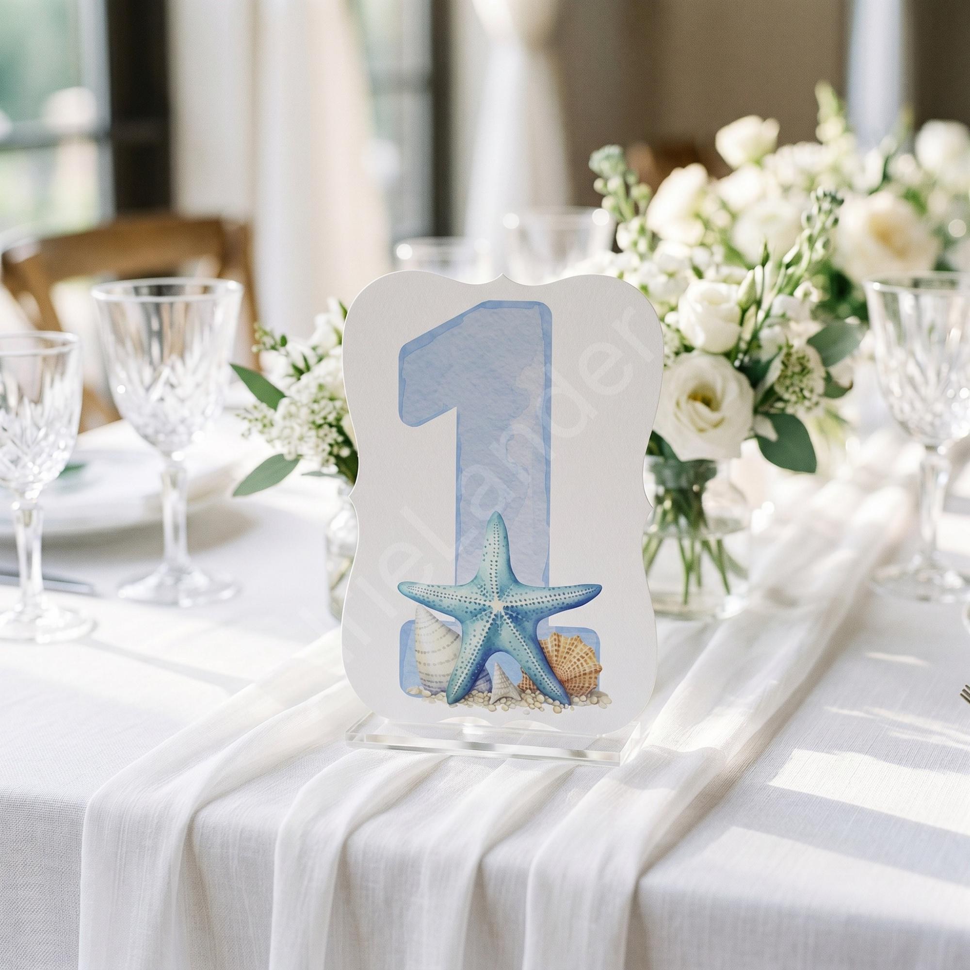 Blue Watercolor Beach Table Number: PRINTED set, die cut, coastal wedding decor, Starfish + Seashells, view 3