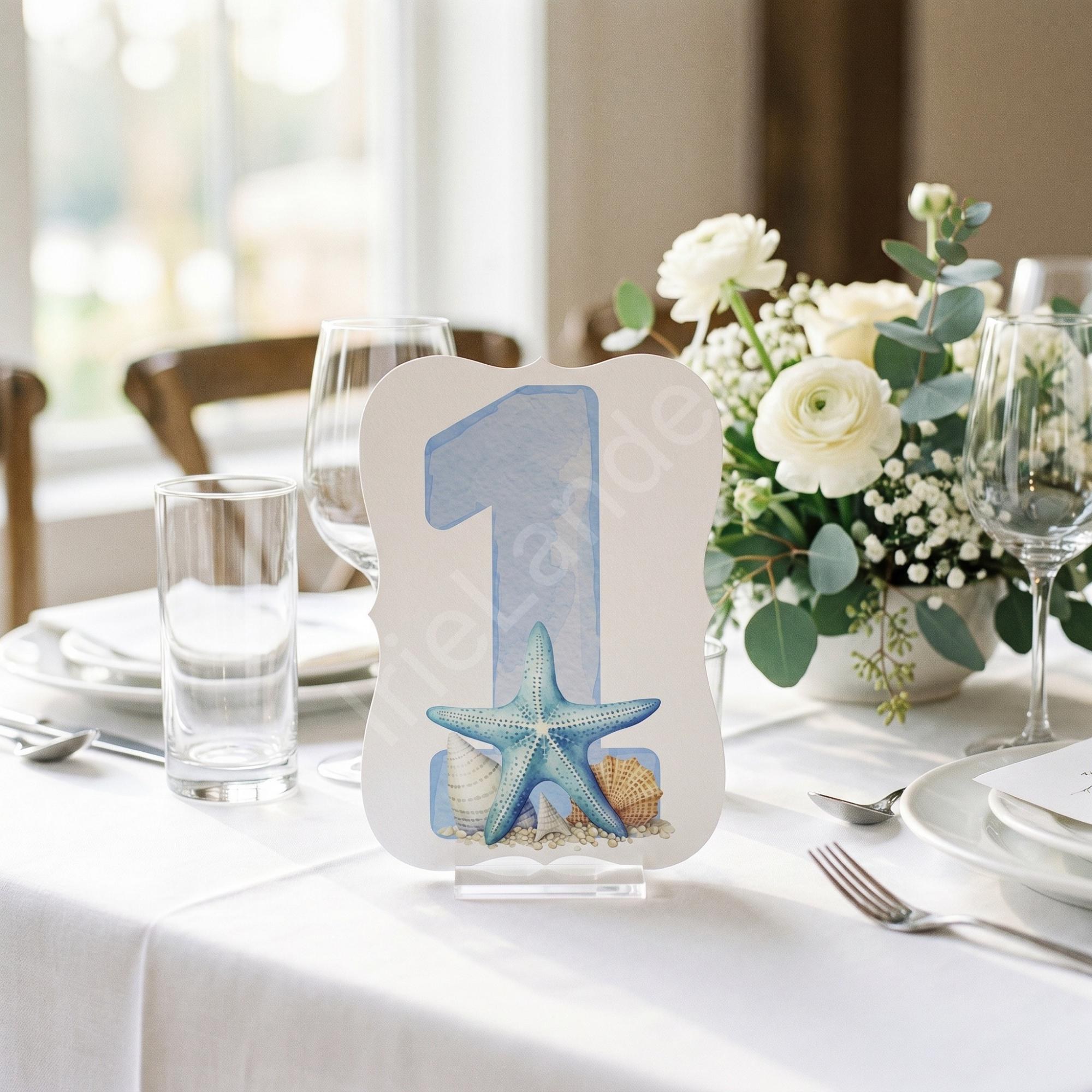 Blue Watercolor Beach Table Number: PRINTED set, die cut, coastal wedding decor, Starfish + Seashells, view 4