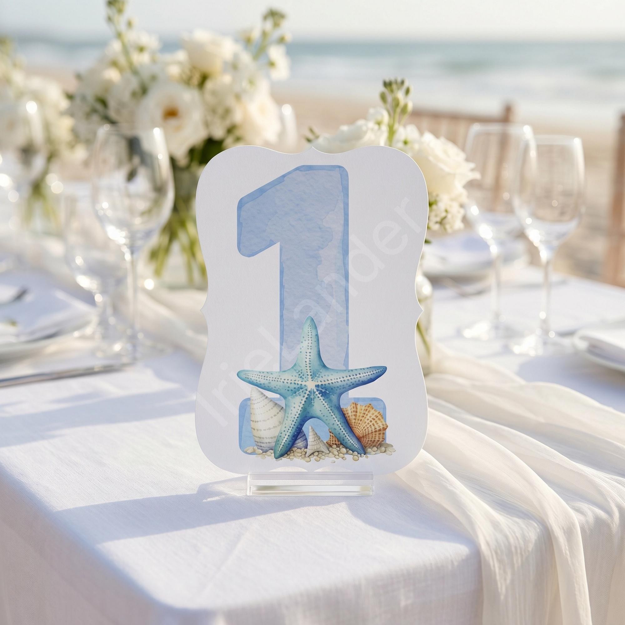 Blue Watercolor Beach Table Number: PRINTED set, die cut, coastal wedding decor, Starfish + Seashells, view 5