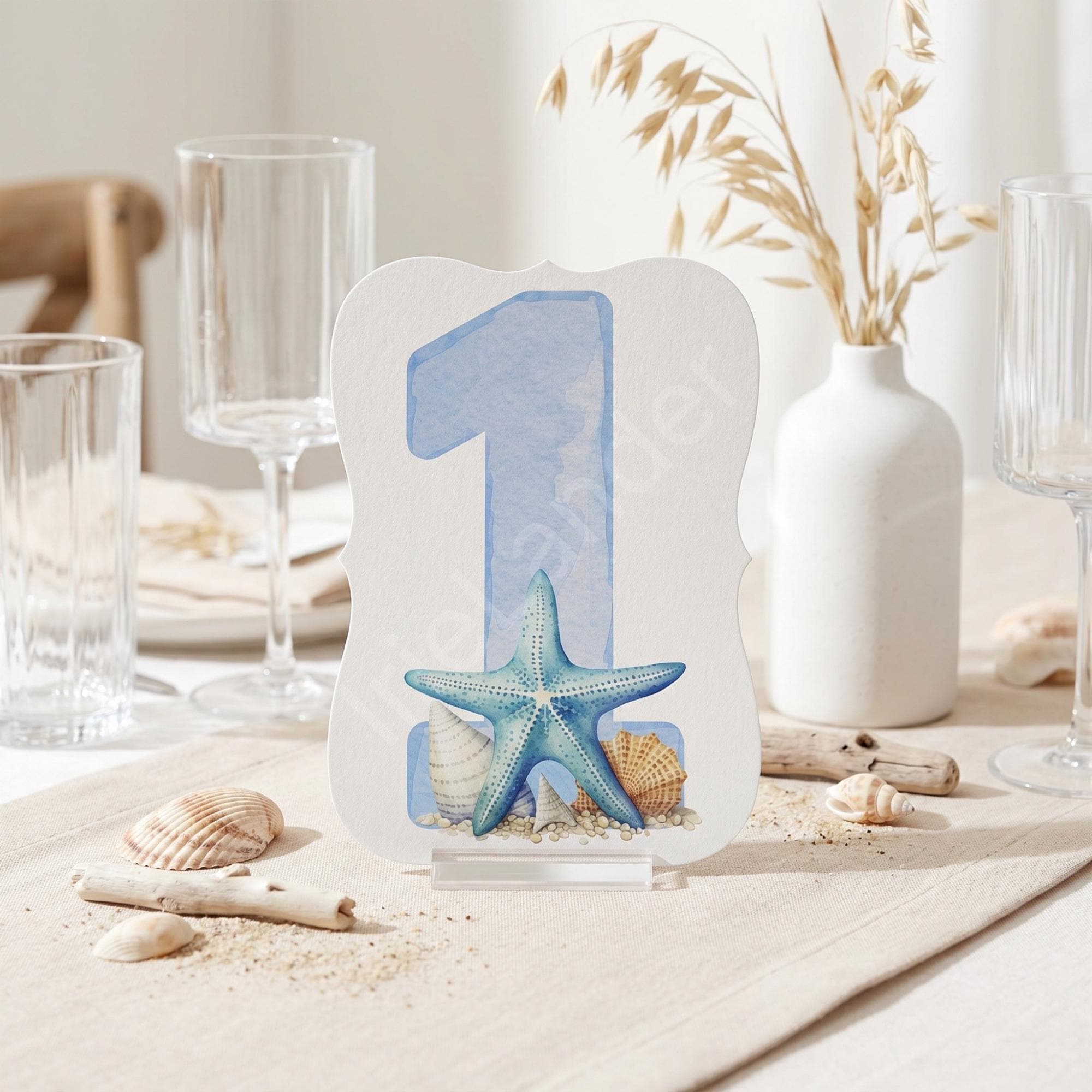 Blue Watercolor Beach Table Number: PRINTED set, die cut, coastal wedding decor, Starfish + Seashells, view 6
