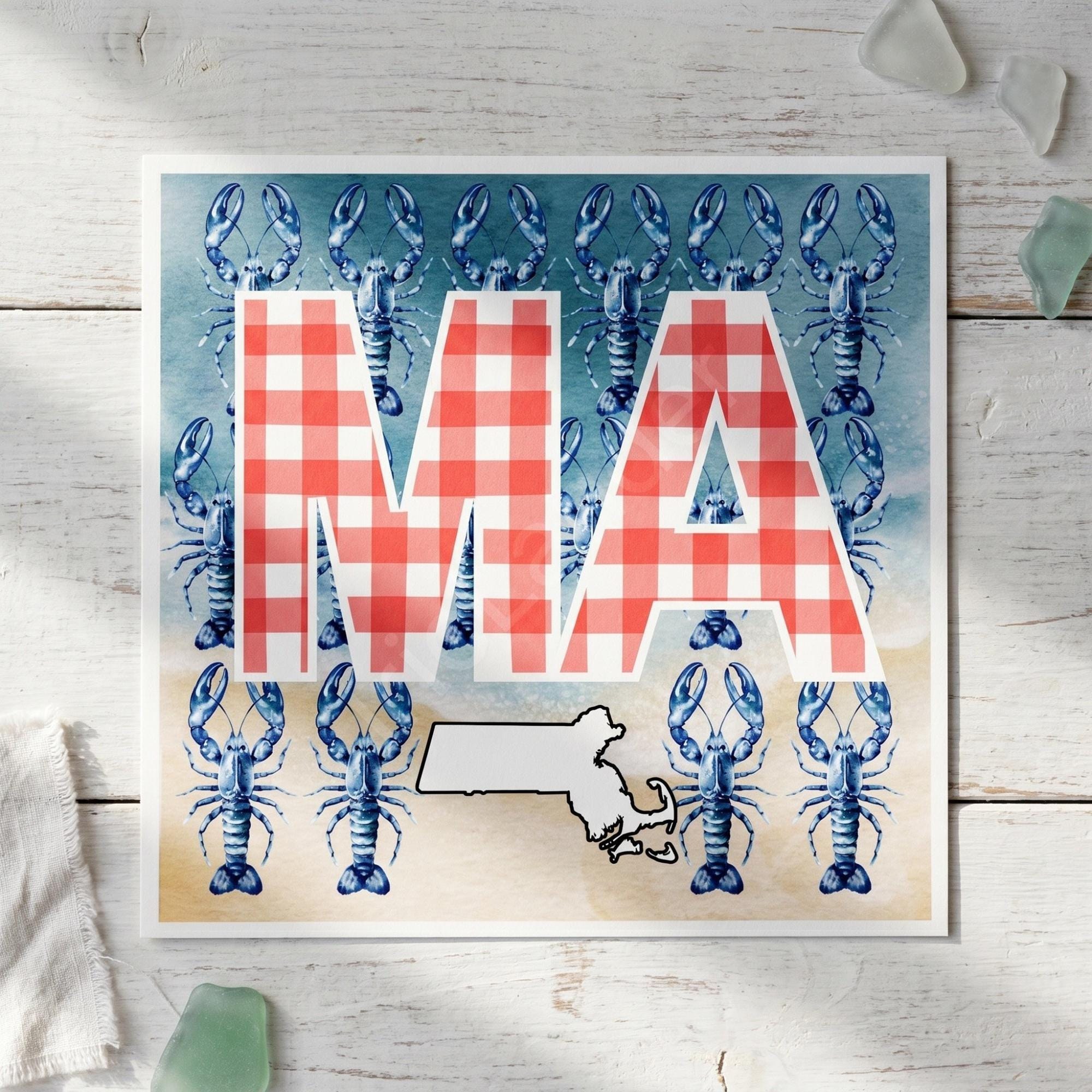 Massachusetts Art with Coastal Motifs, archival giclée art print, hydrangea or gingham option