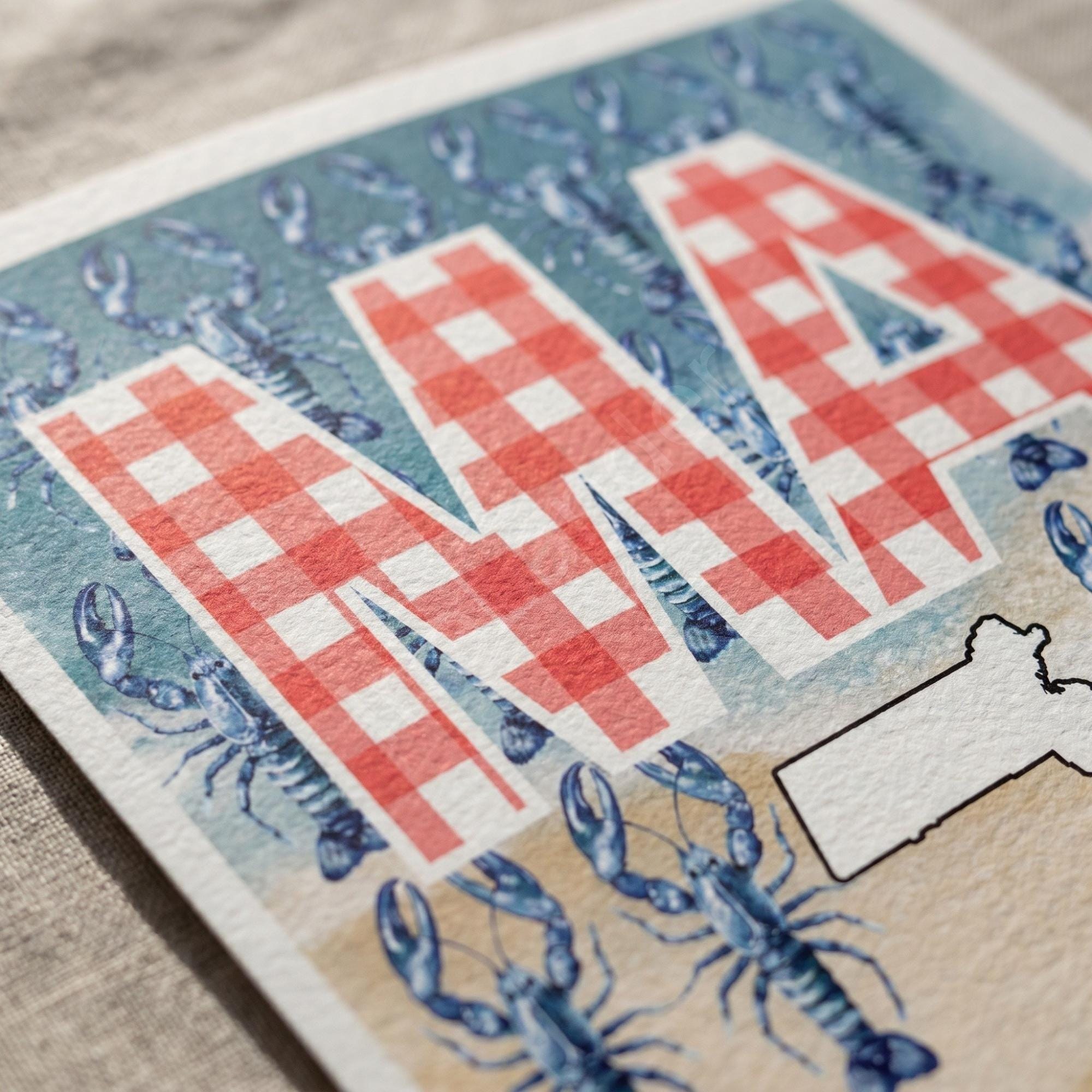 Massachusetts Art with Coastal Motifs, archival giclée art print, hydrangea or gingham option, view 2
