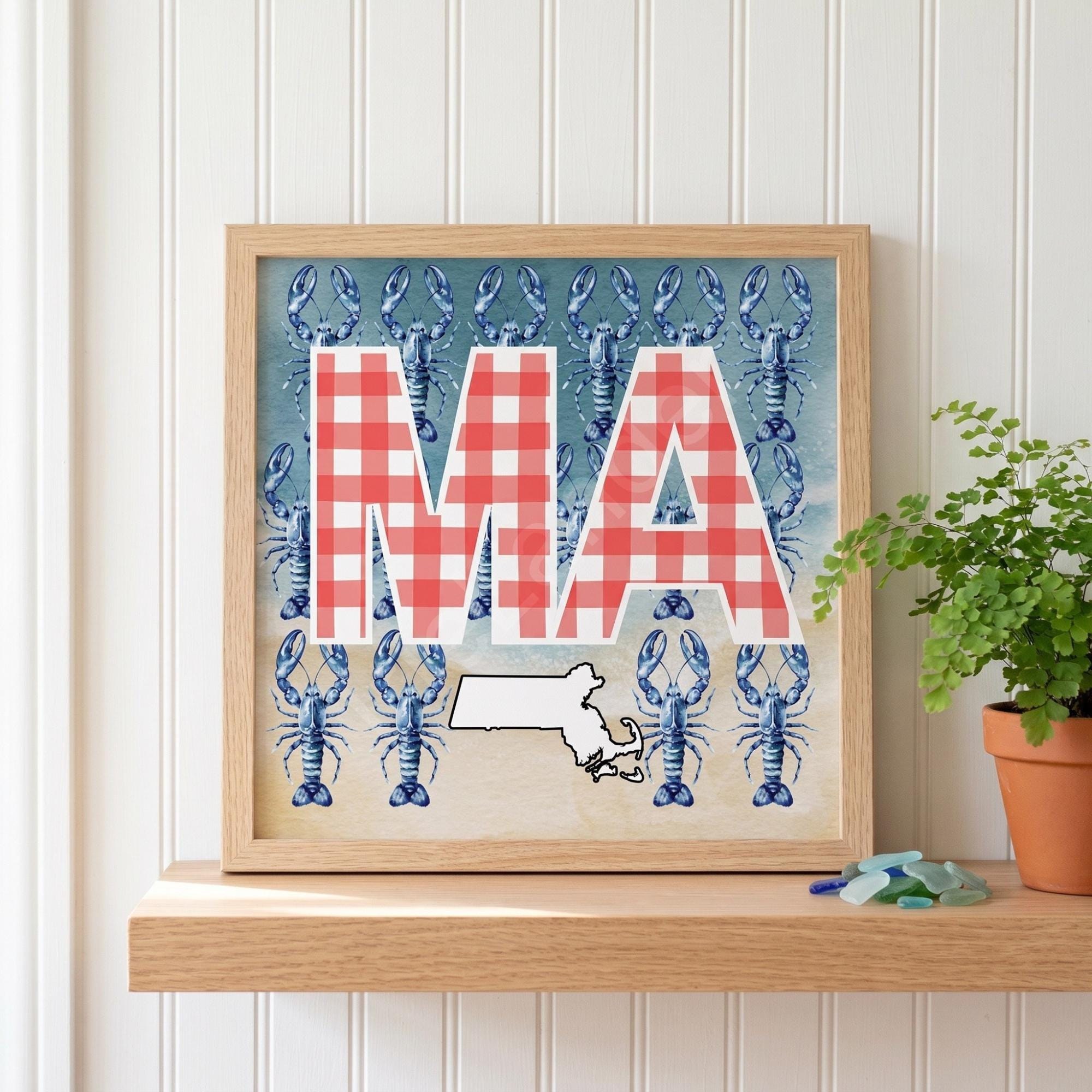 Massachusetts Art with Coastal Motifs, archival giclée art print, hydrangea or gingham option, view 3