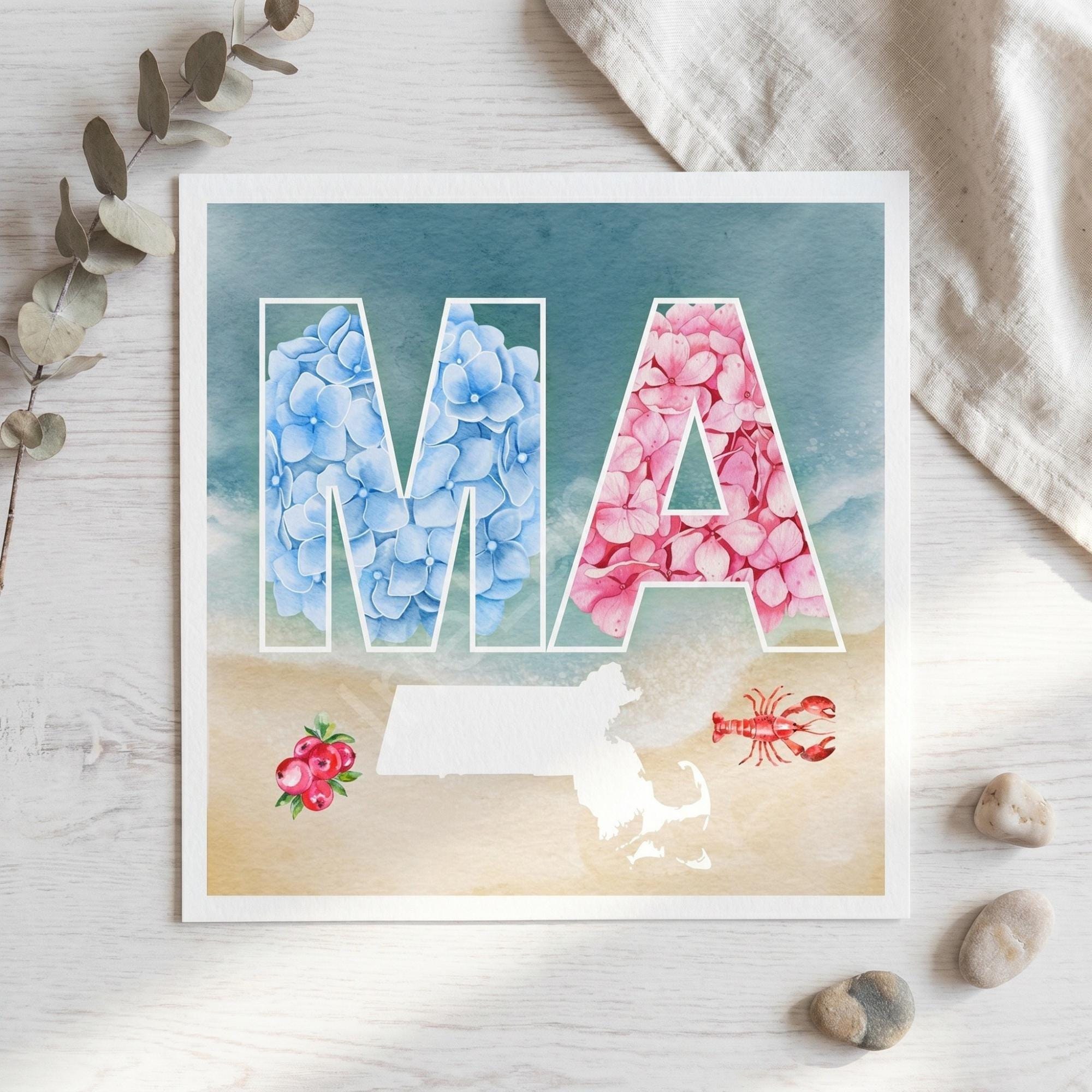 Massachusetts Art with Coastal Motifs, archival giclée art print, hydrangea or gingham option, view 4