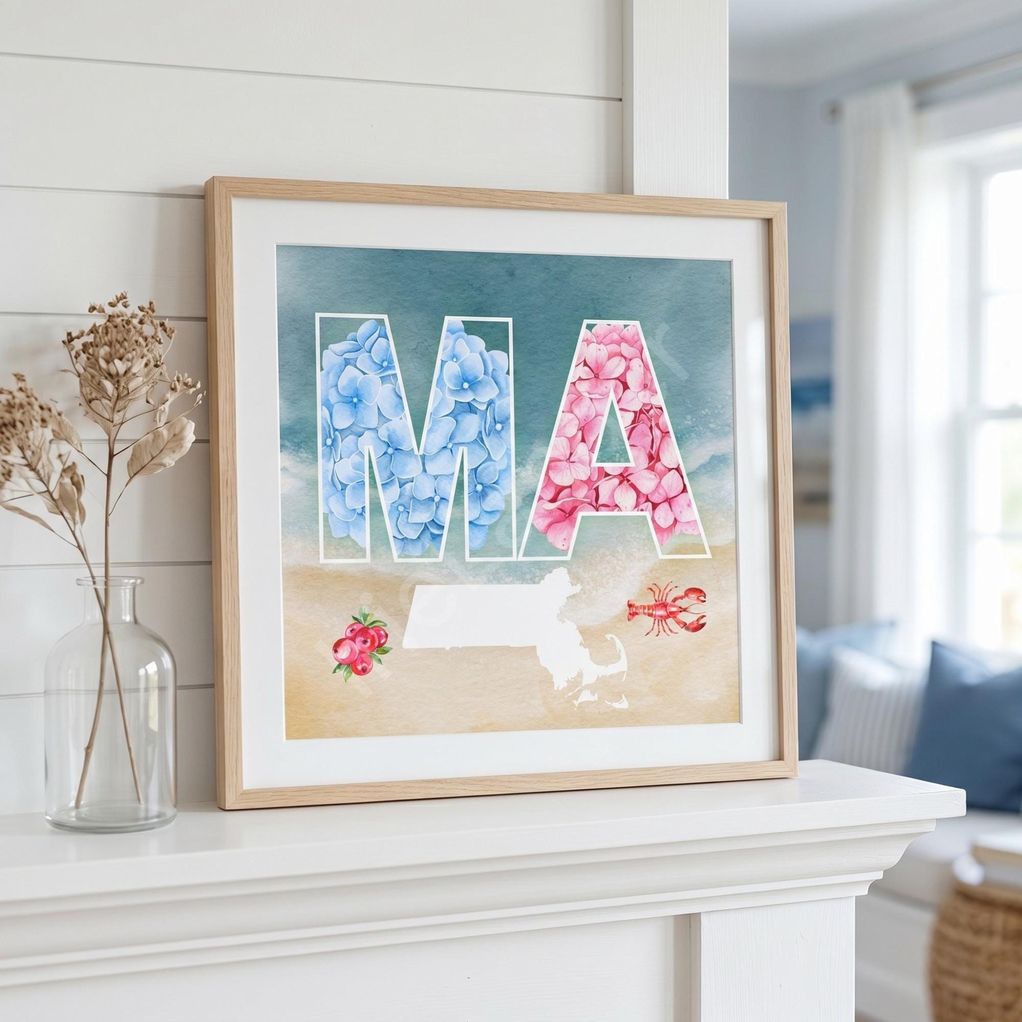 Massachusetts Art with Coastal Motifs, archival giclée art print, hydrangea or gingham option, view 5