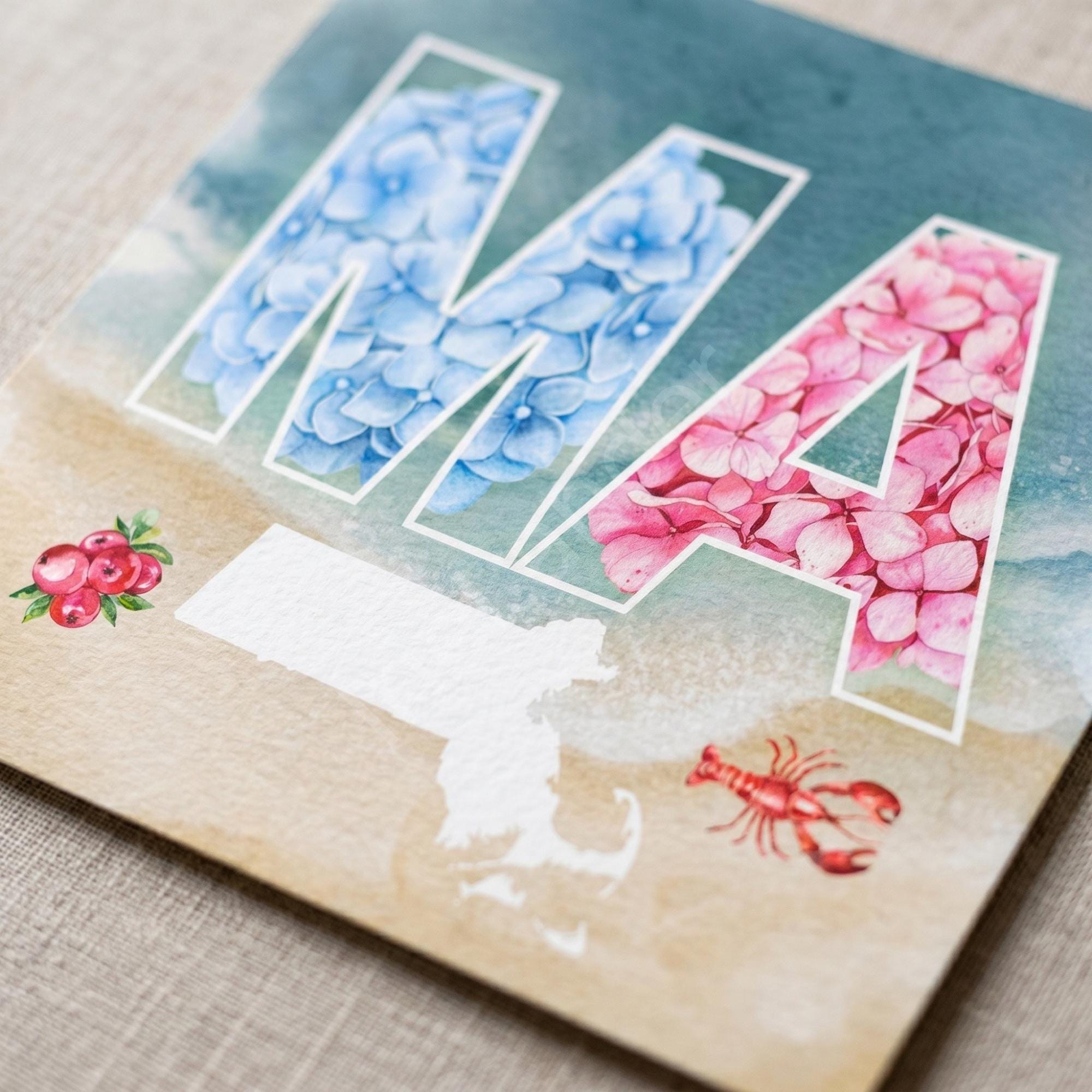 Massachusetts Art with Coastal Motifs, archival giclée art print, hydrangea or gingham option, view 6