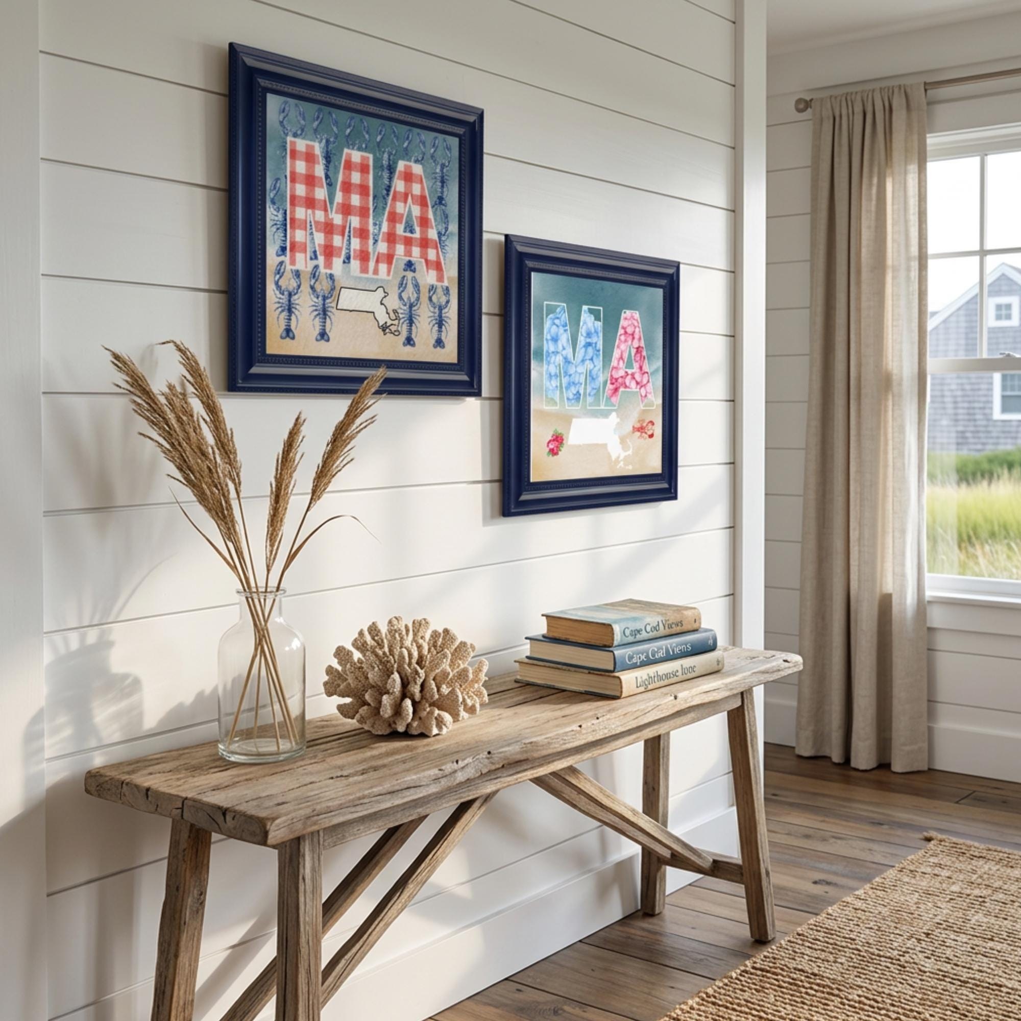 Massachusetts Art with Coastal Motifs, archival giclée art print, hydrangea or gingham option, view 8
