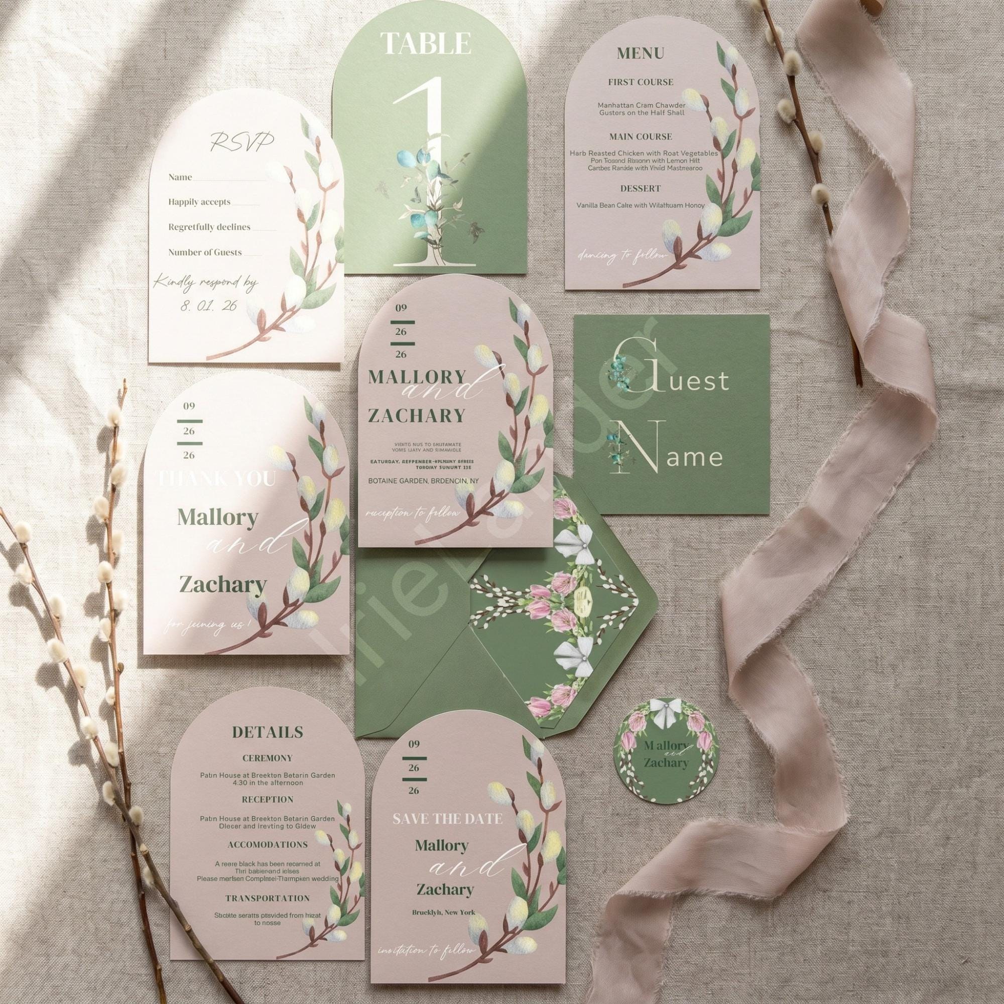 Arch Wedding Invitation, Willow, Printed Set, Semi Custom Invites, includes envelopes, calligraphy + stamps optional