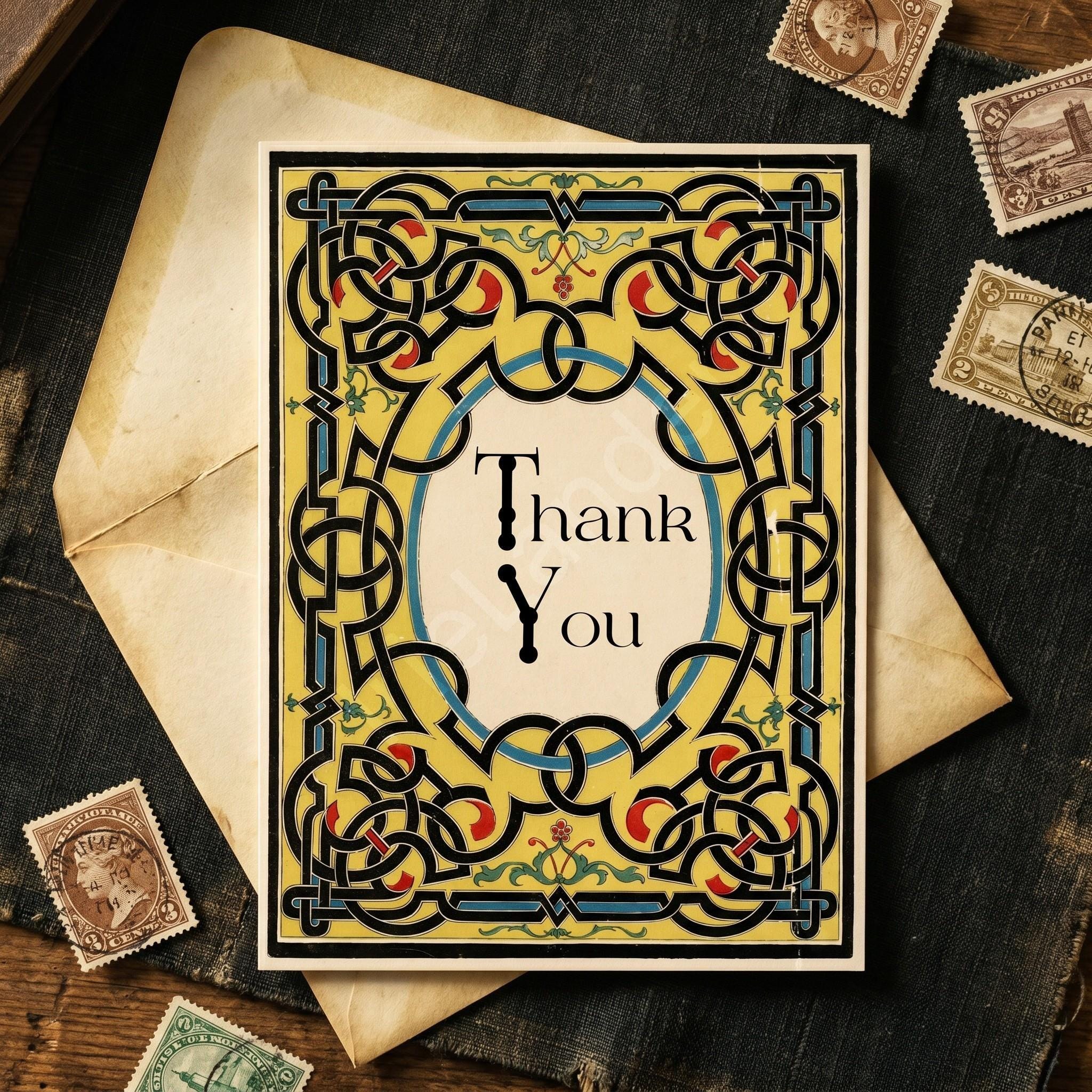 Antique Knotwork Thank You Card, Printed Set, includes envelopes + label sticker, calligraphy + stamps optional