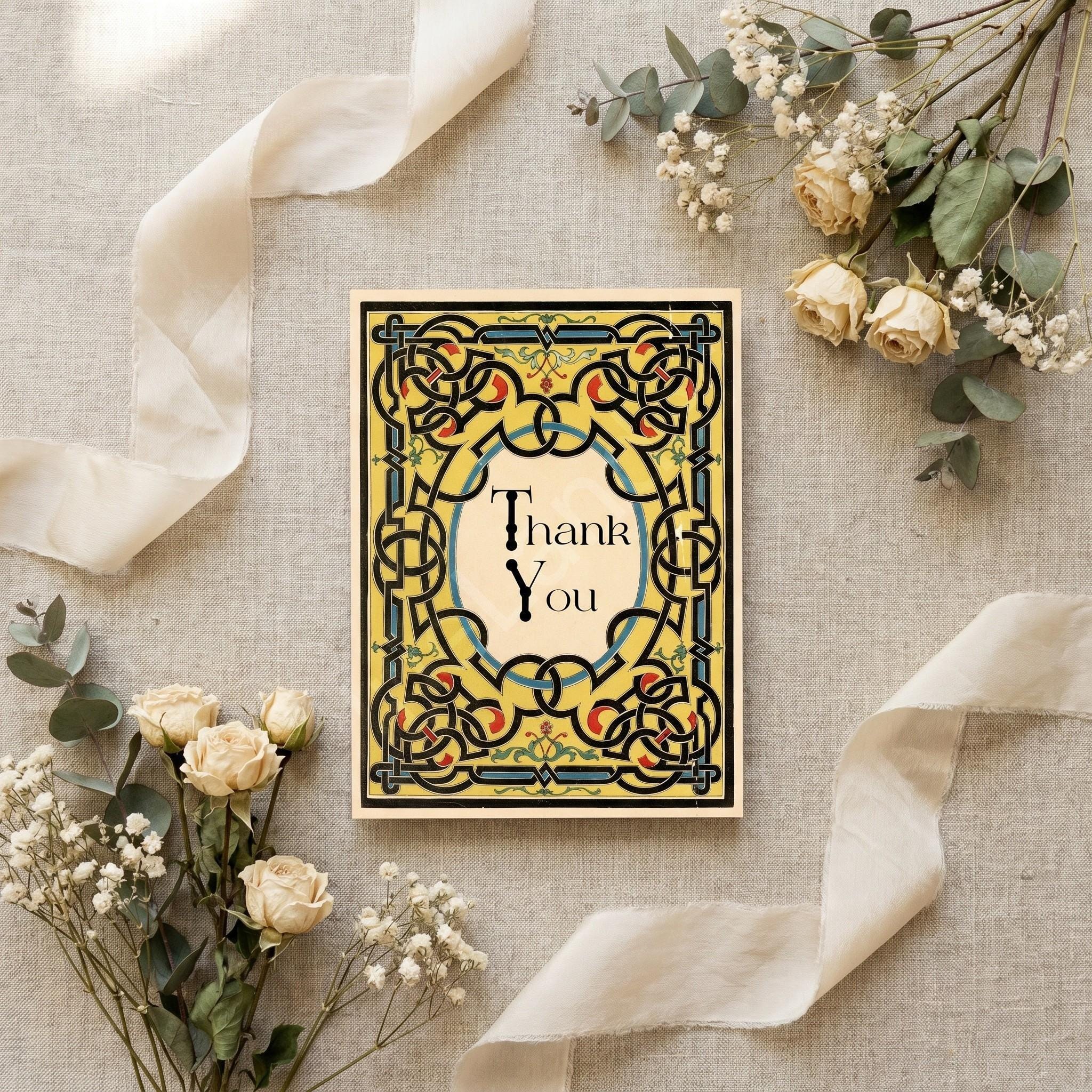 Antique Knotwork Thank You Card, Printed Set, includes envelopes + label sticker, calligraphy + stamps optional, view 10