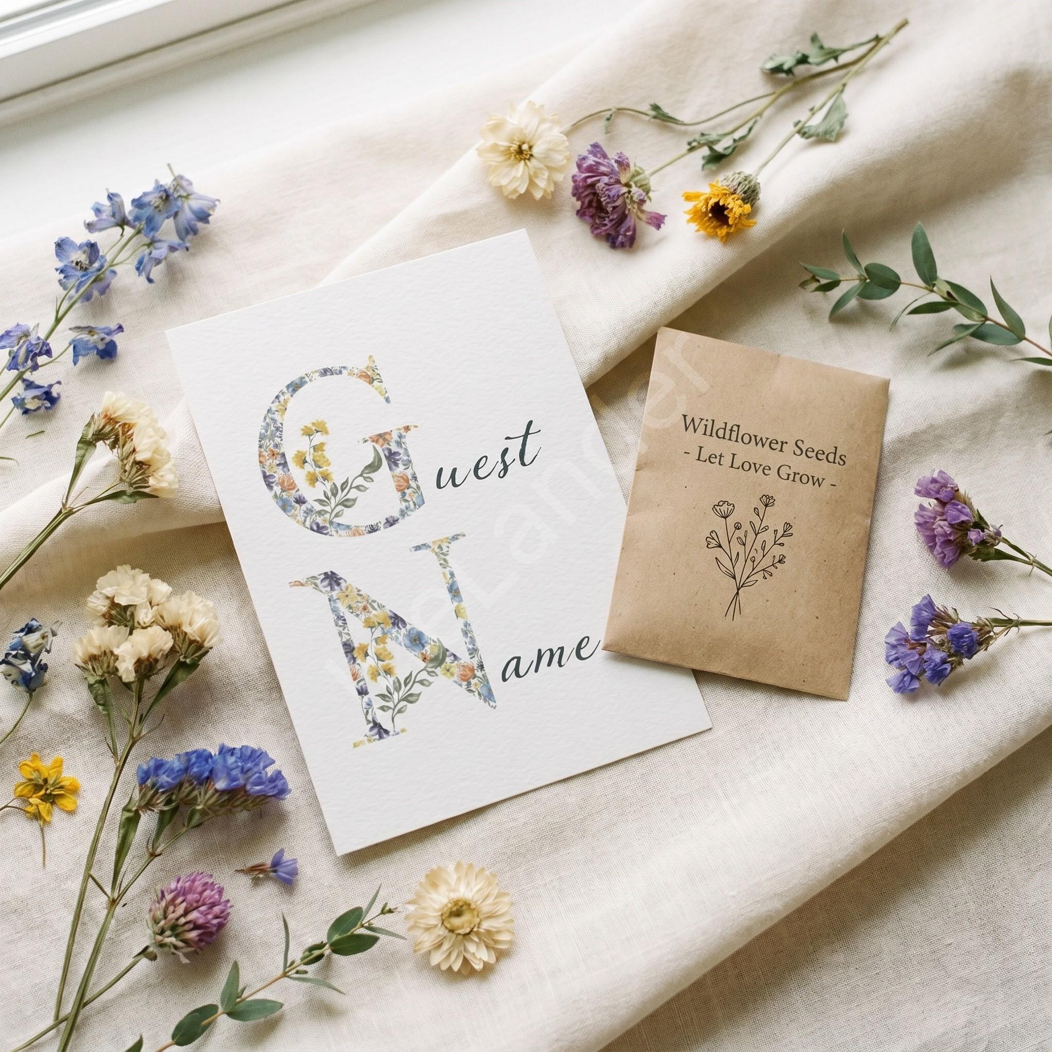 Floral Wedding Place Cards + Wildflower Seed Packet Wedding Favor, customized names, rustic botanical