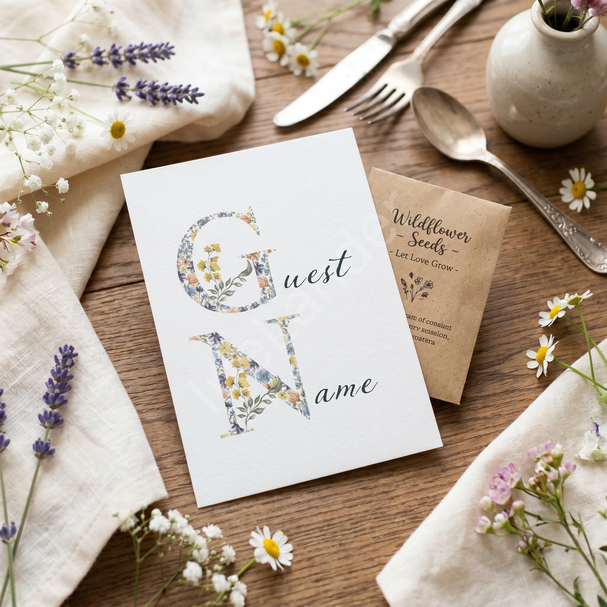 Floral Wedding Place Cards + Wildflower Seed Packet Wedding Favor, customized names, rustic botanical, view 2