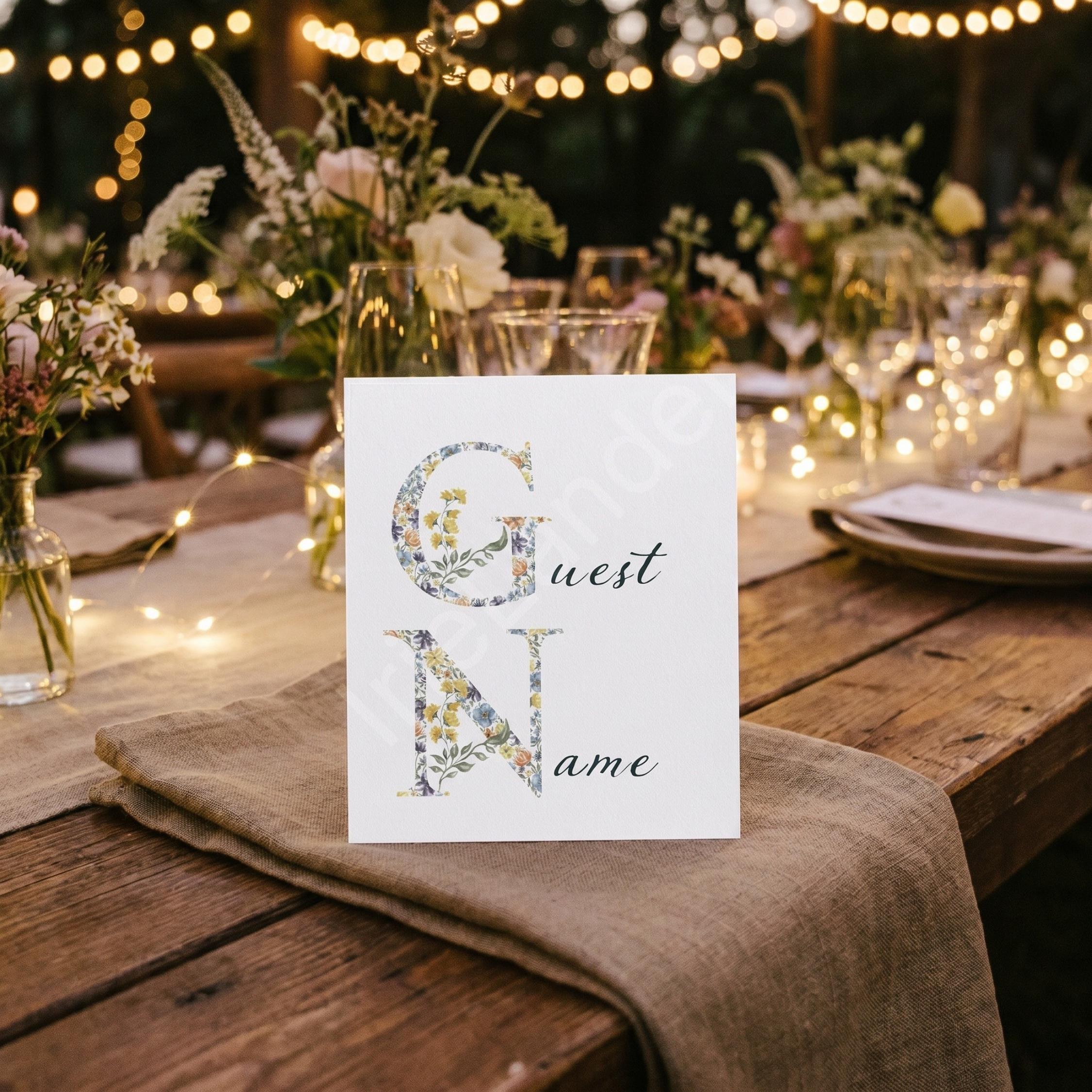 Floral Wedding Place Cards + Wildflower Seed Packet Wedding Favor, customized names, rustic botanical, view 5