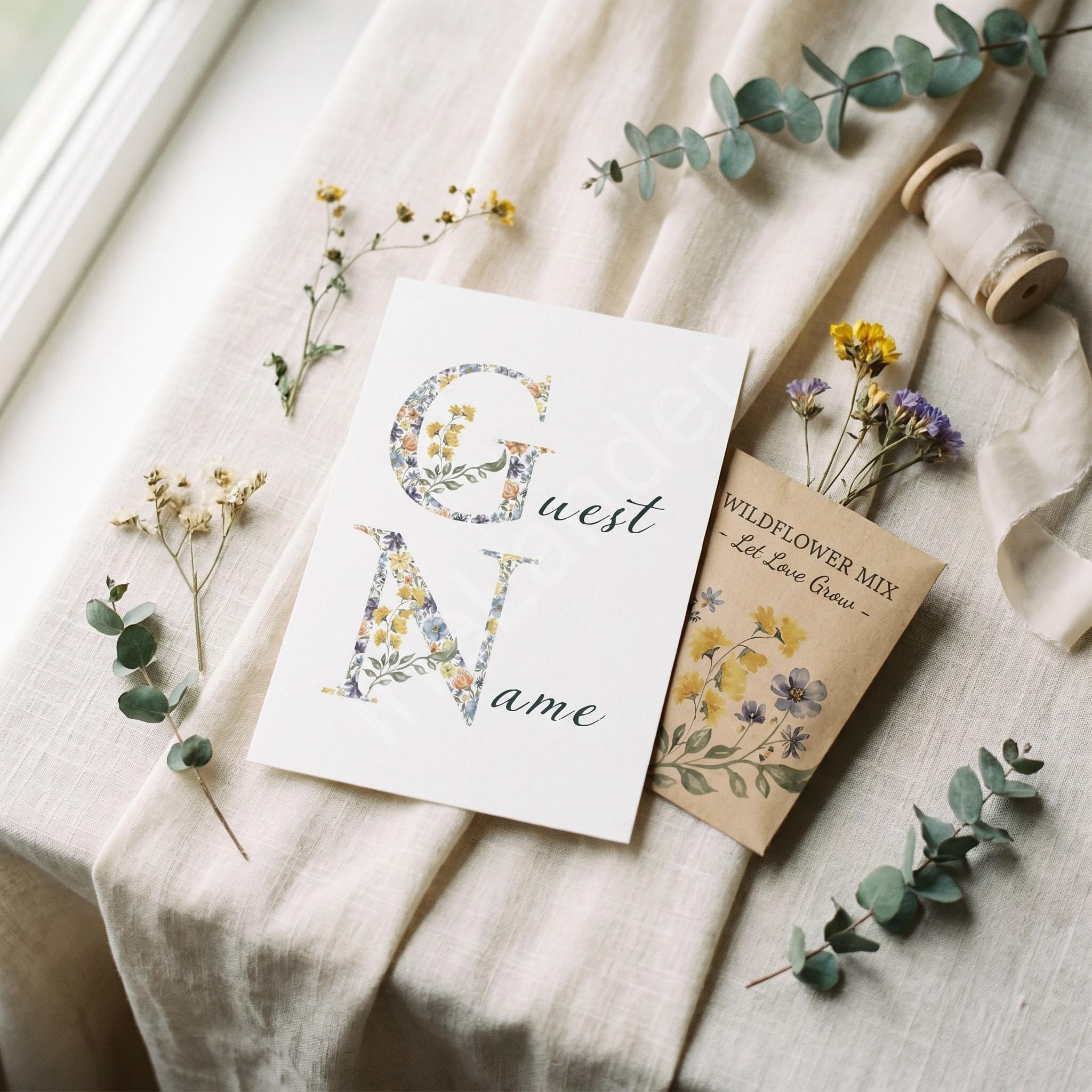 Floral Wedding Place Cards + Wildflower Seed Packet Wedding Favor, customized names, rustic botanical, view 8